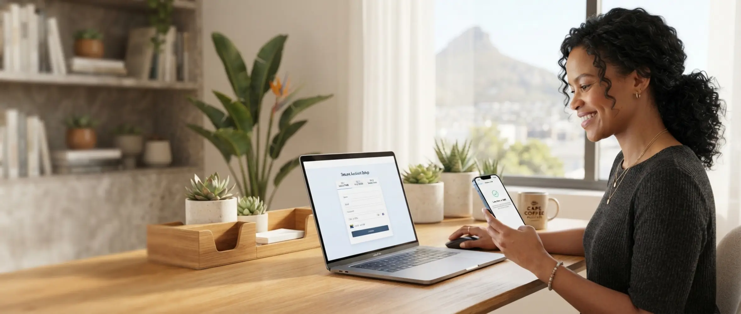 User setting up an online account on laptop and phone in a clean modern workspace
