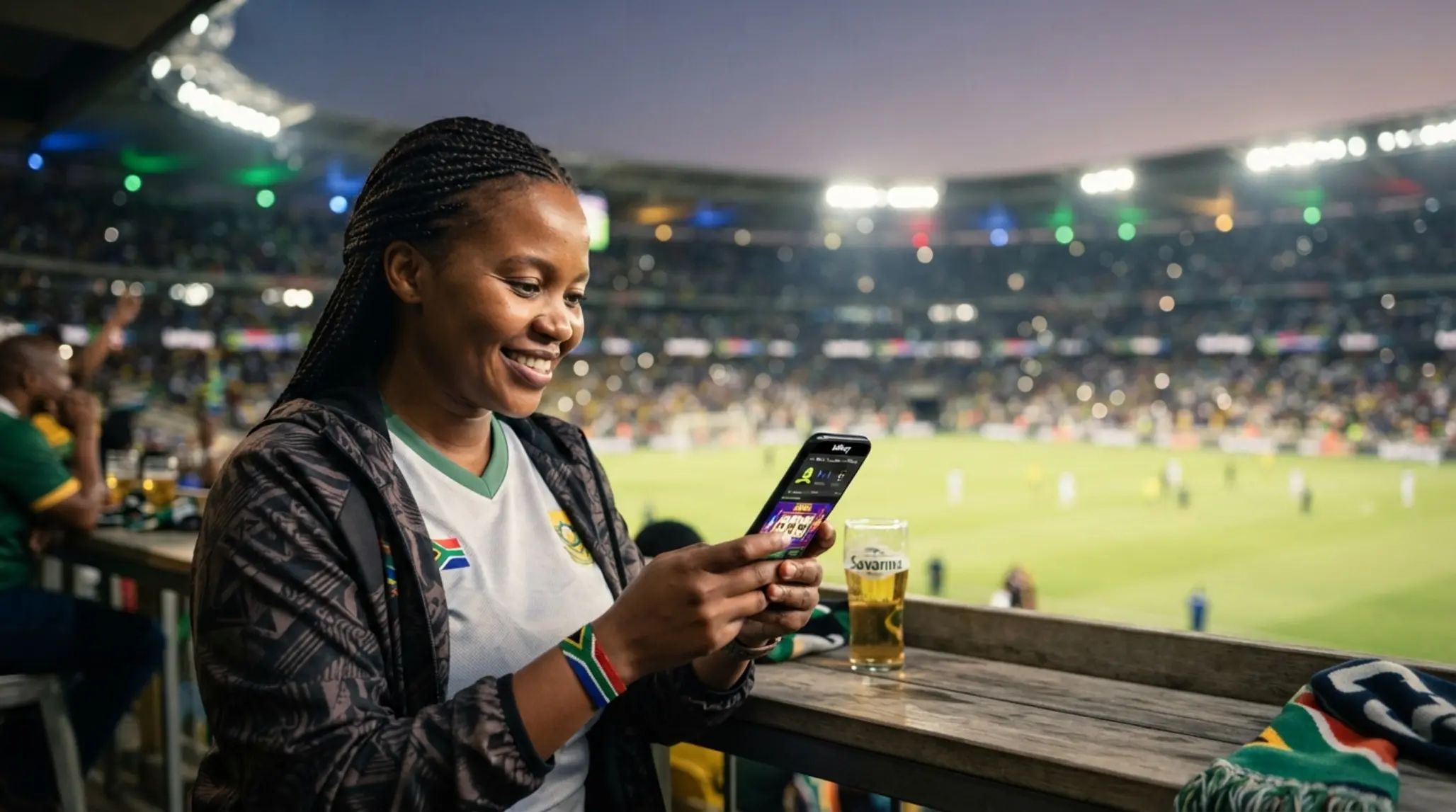 User holding phone with BetXchange-style mobile sports and gaming interface in a South African setting