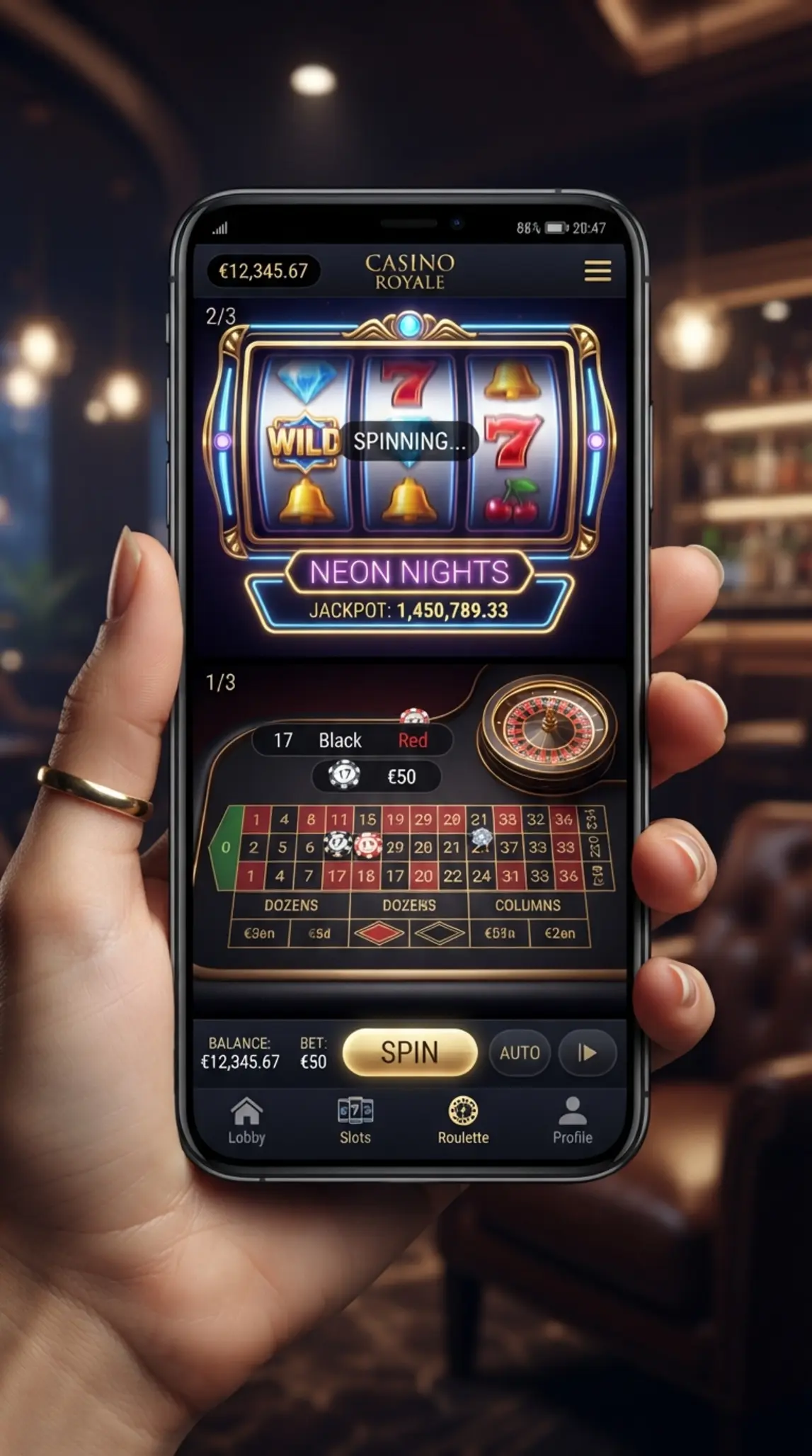 Mobile casino game interface with slot and roulette on smartphone