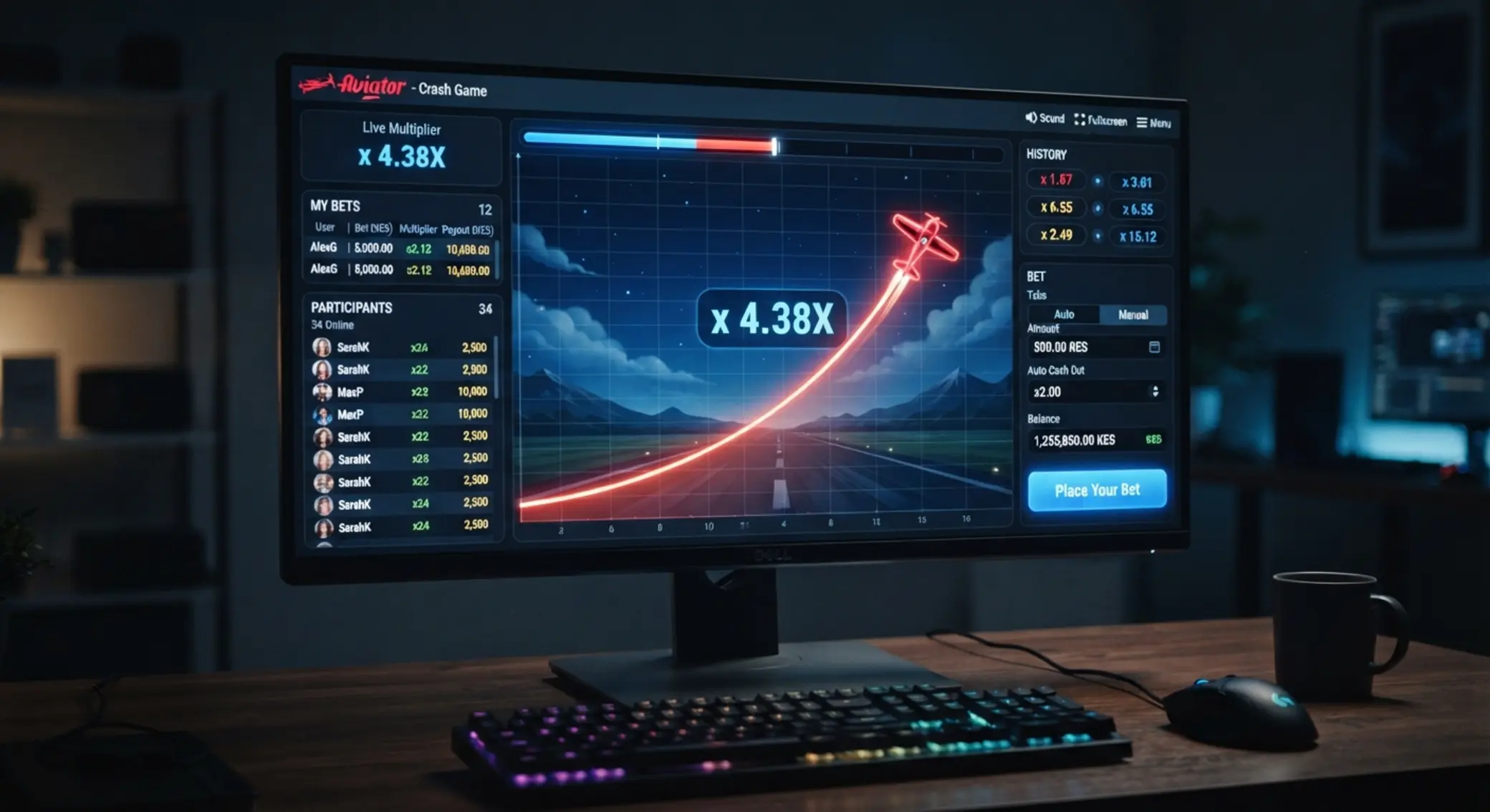 Aviator game interface on BetXchange with plane and rising multiplier