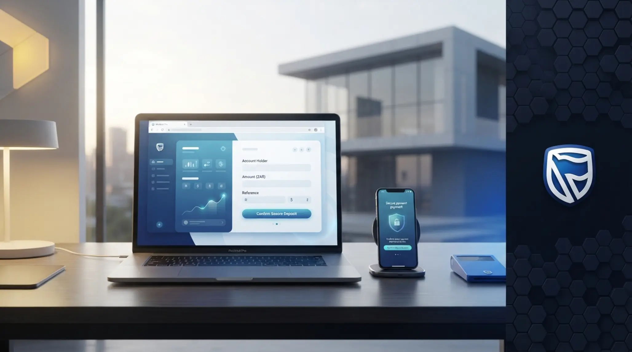 Secure online banking banner with laptop, smartphone and neutral financial background
