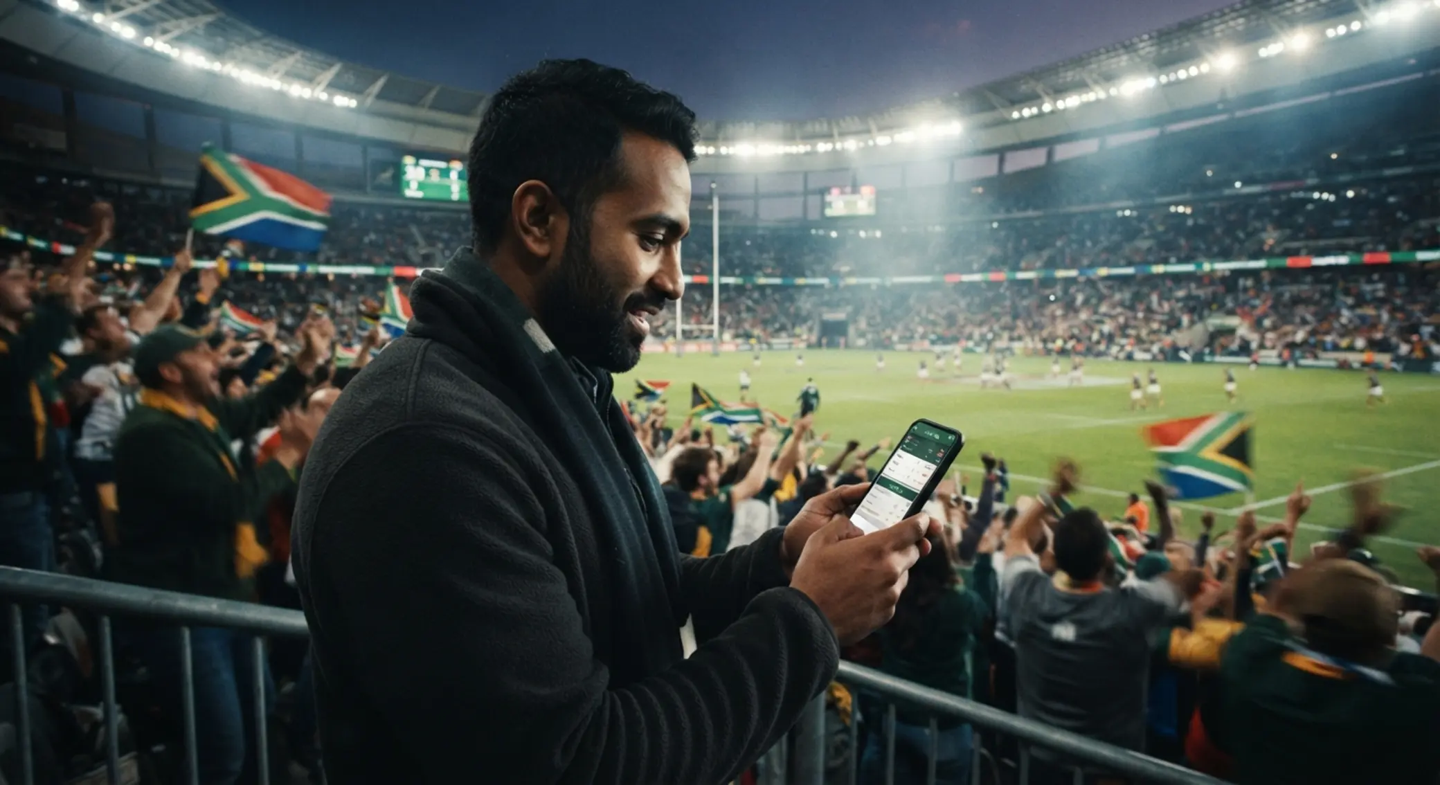 South African stadium scene with smartphone showing live sports interface