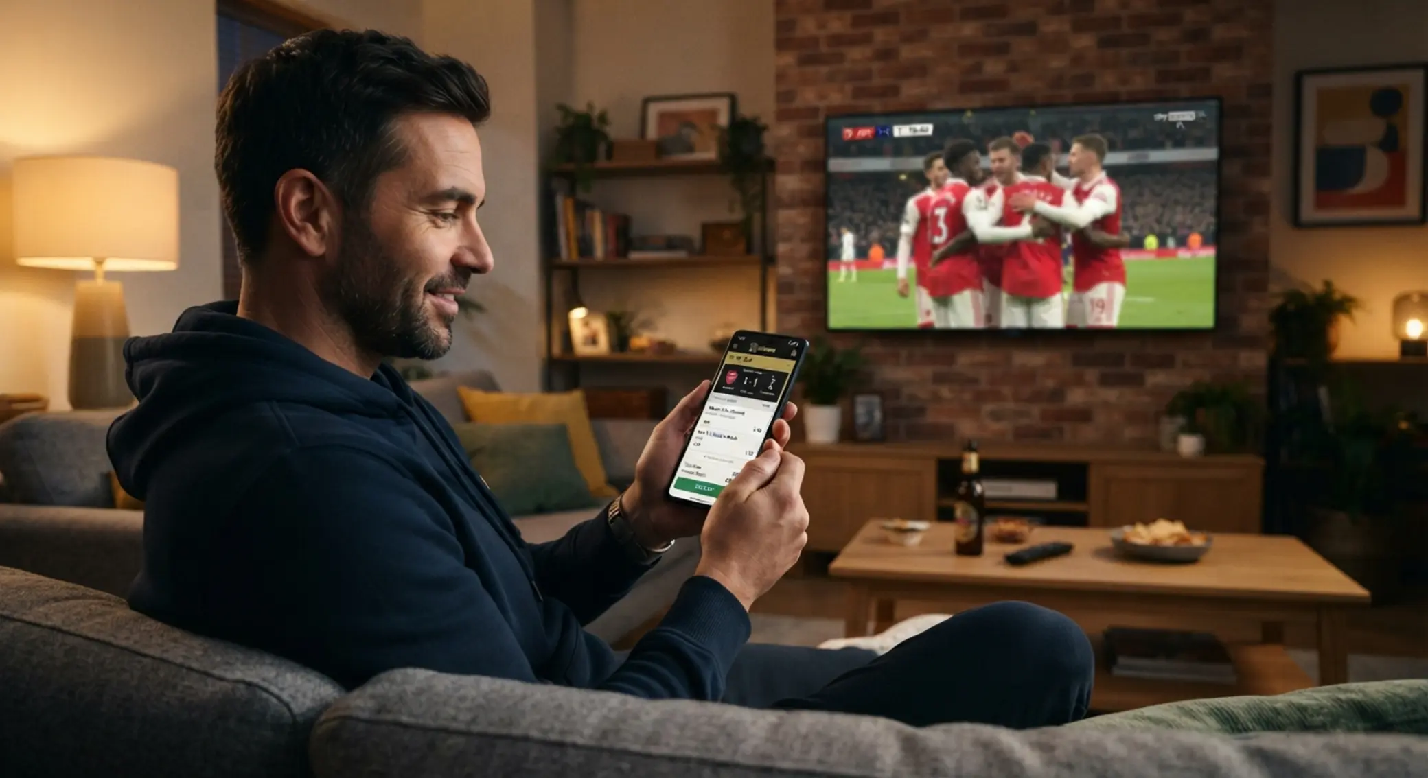 Smartphone with mobile sports slip in front of football match on TV