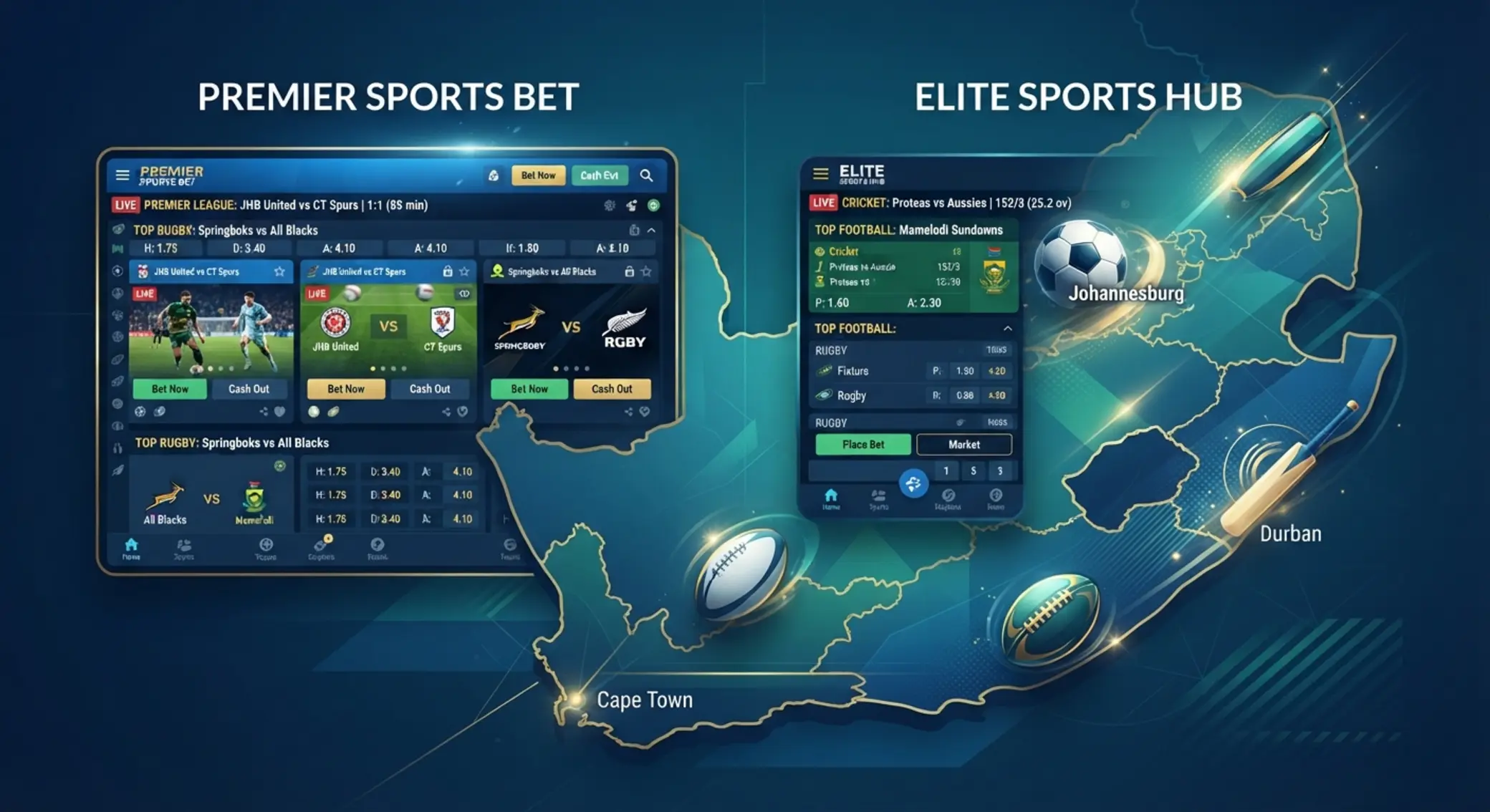 Two betting brands shown with South Africa map and sports icons
