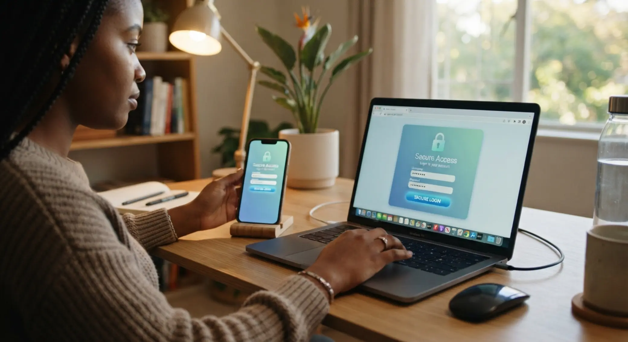 Secure account login screen on laptop and mobile device