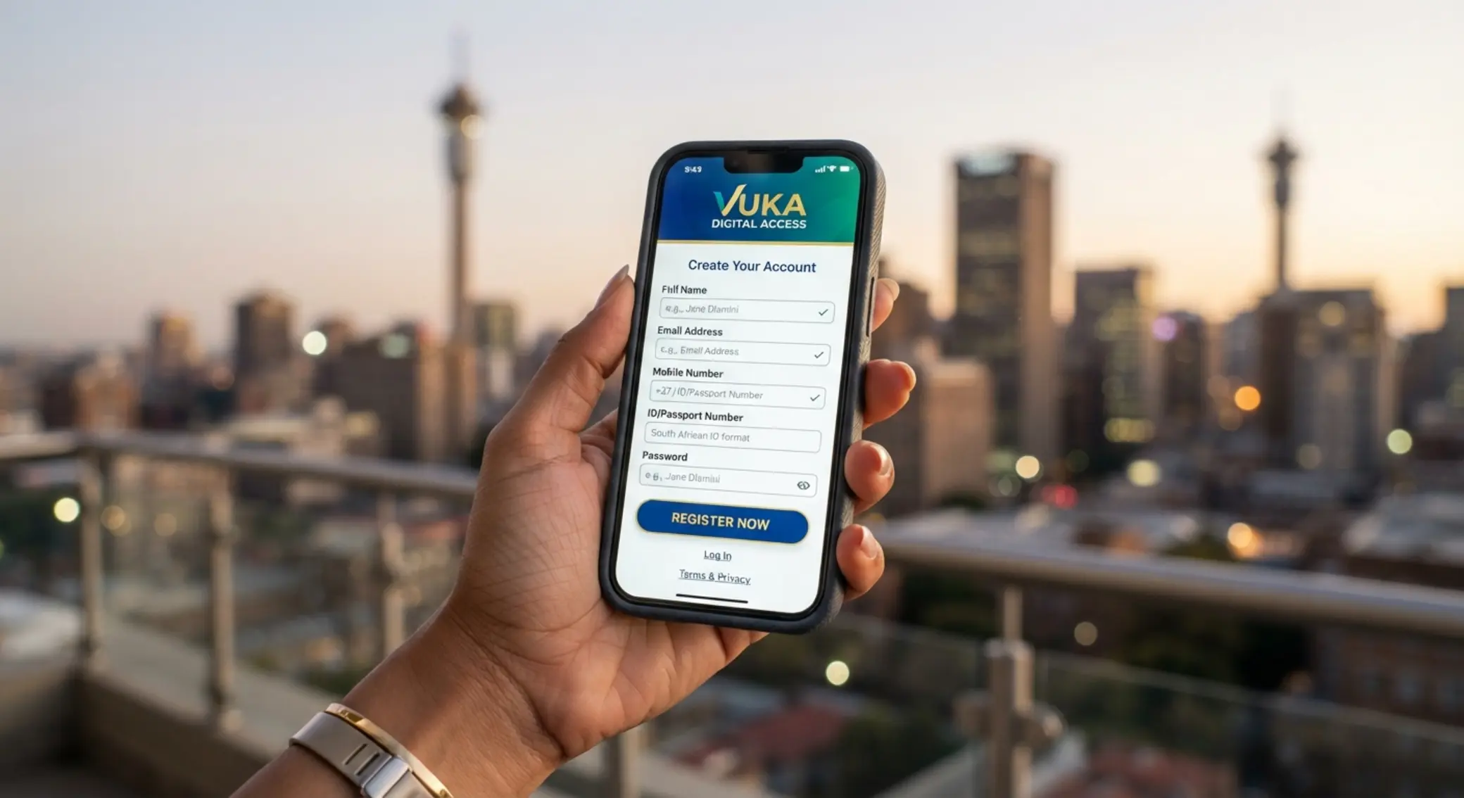 Smartphone with an online registration form against a South African city backdrop