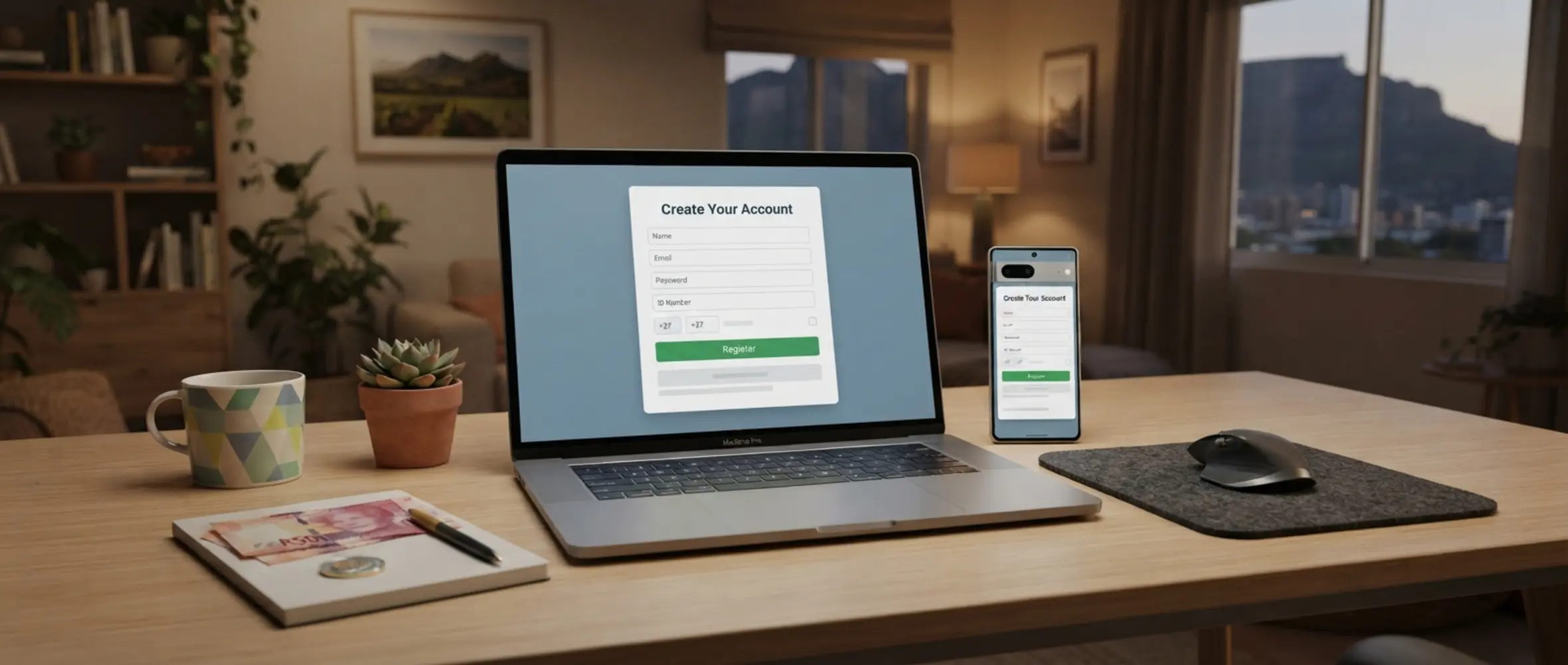 Laptop and smartphone showing a secure online registration form with South African visual accents