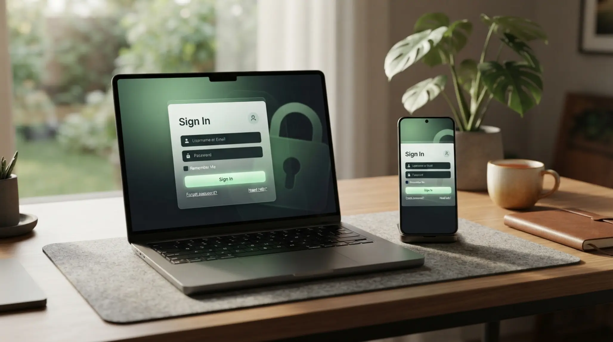 Laptop and smartphone showing a secure account login screen