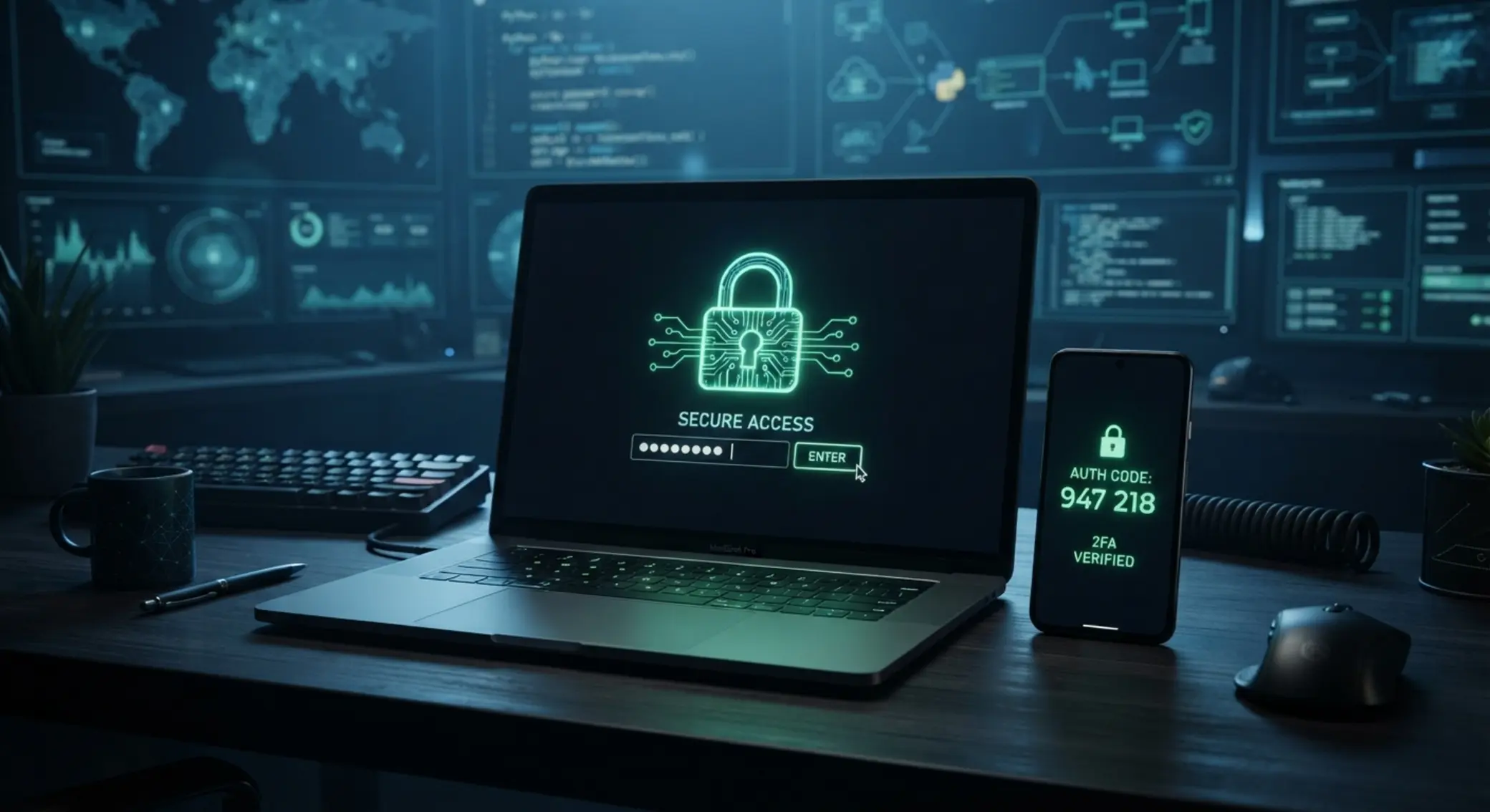 Secure online account login protection Secure login concept with lock icon, laptop and smartphone