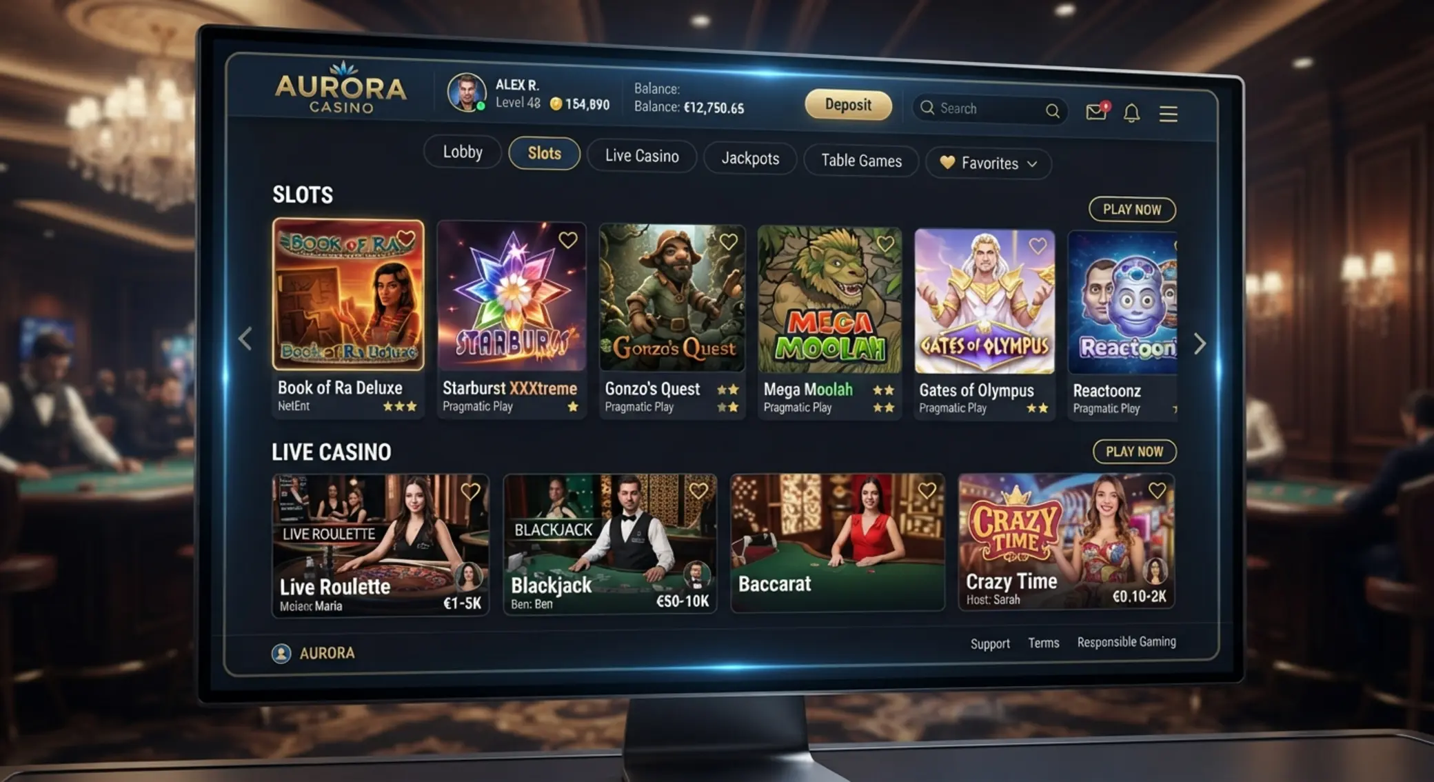 BetX Casino Games Lobby Interface Gaming lobby with slots, table games and live categories
