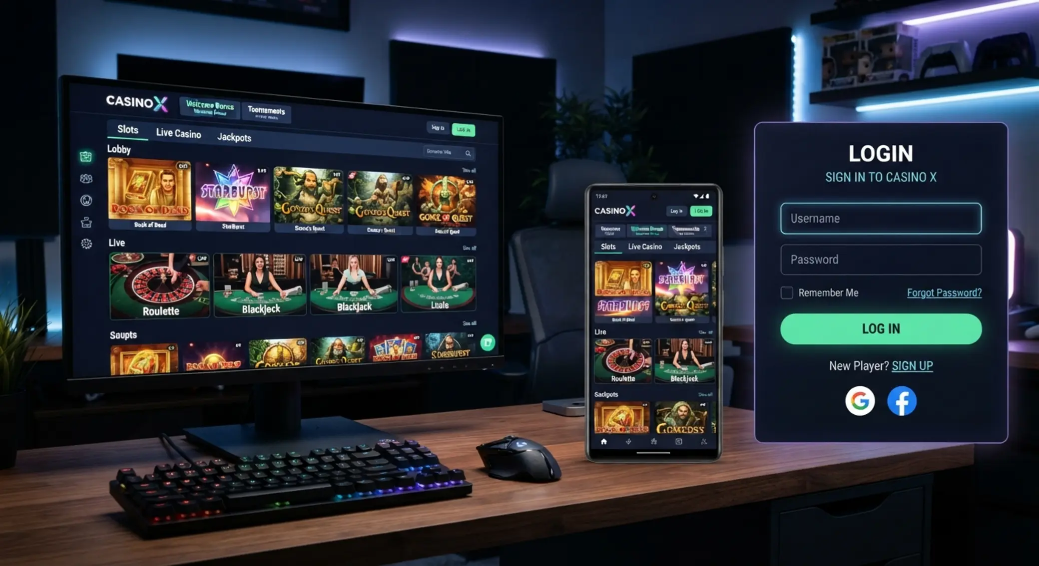 BetXchange Casino Lobby on Desktop and Mobile Desktop and mobile gaming lobby with side login form