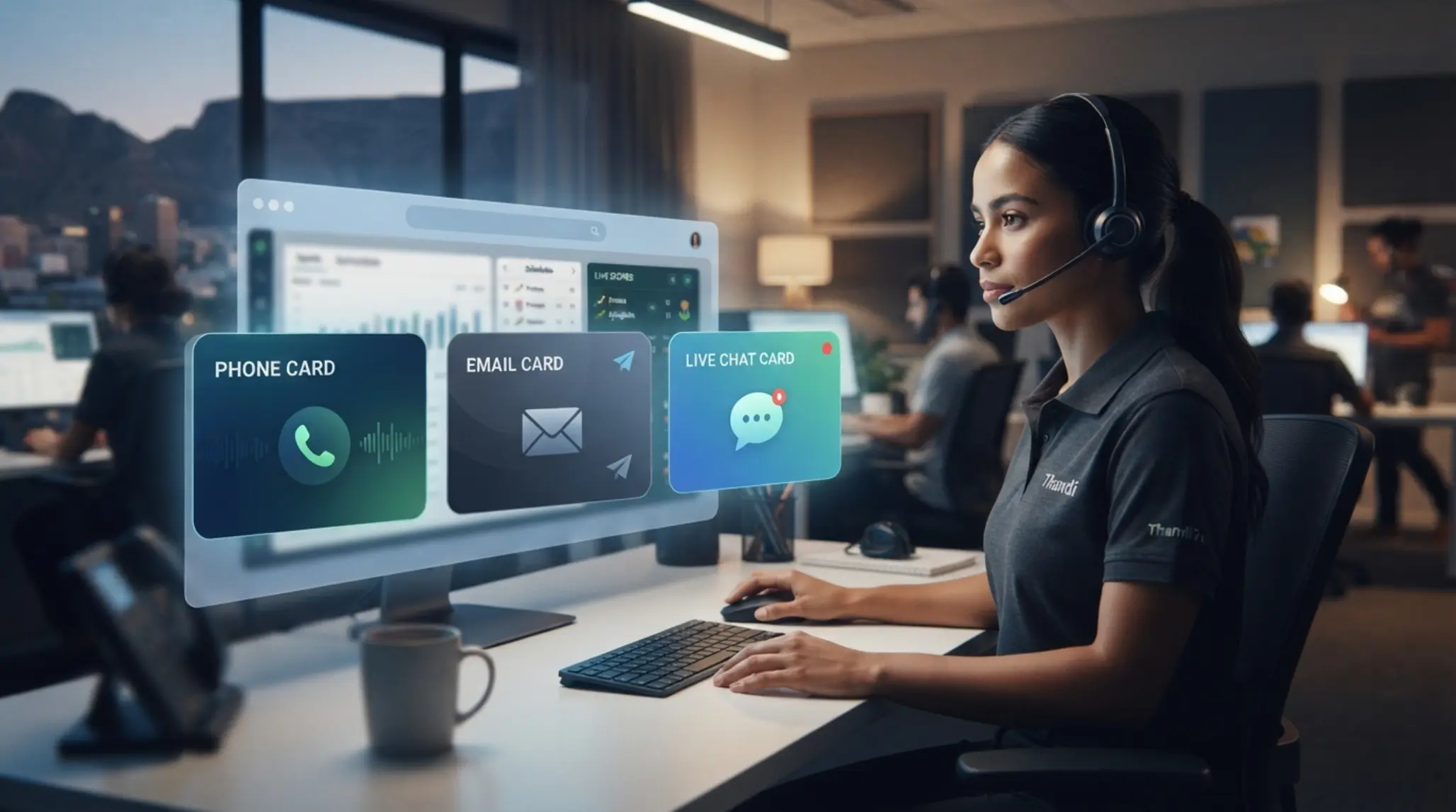 Customer support banner with phone, email and live chat contact blocks