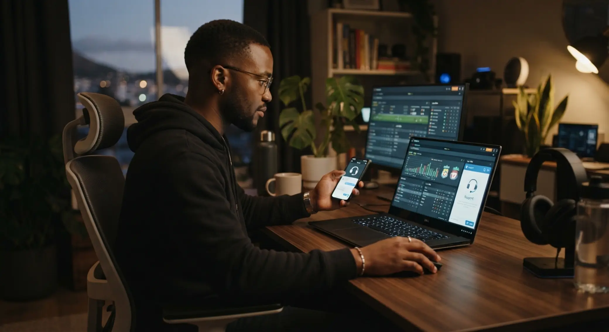 User checking sports statistics and contacting support on screen