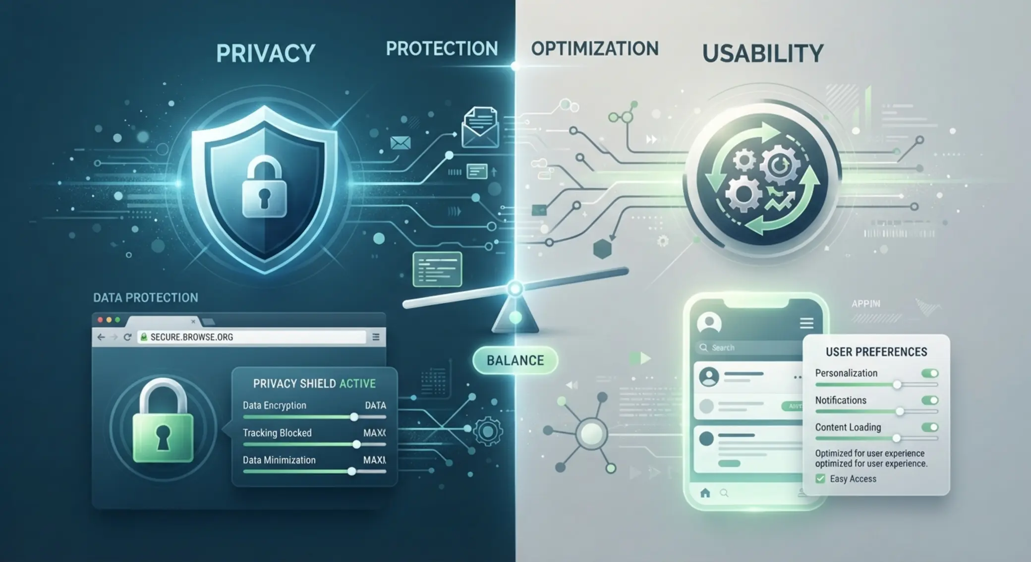 Privacy and usability illustration with cookie and settings icons