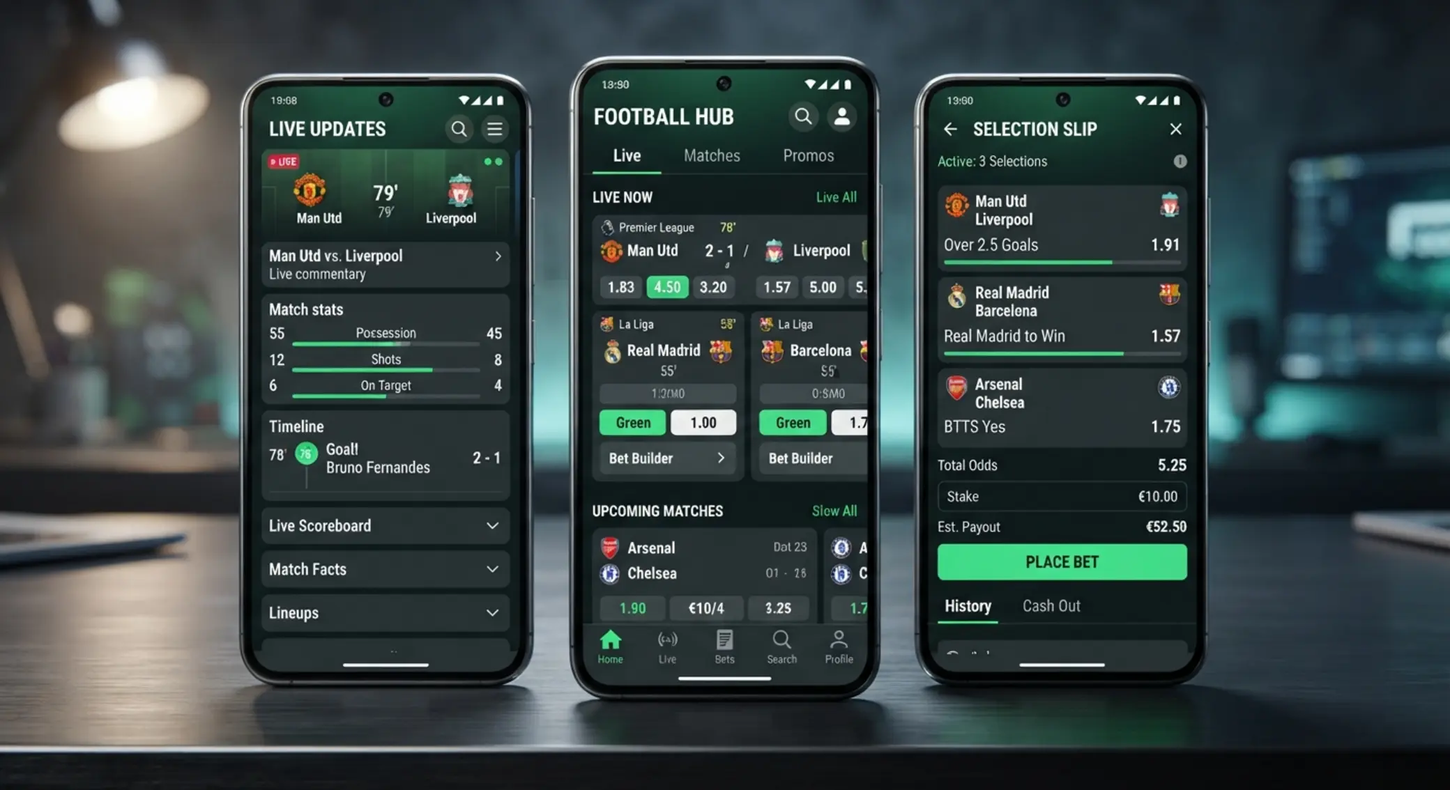 Betx mobile app screens with home page, betslip, and live section