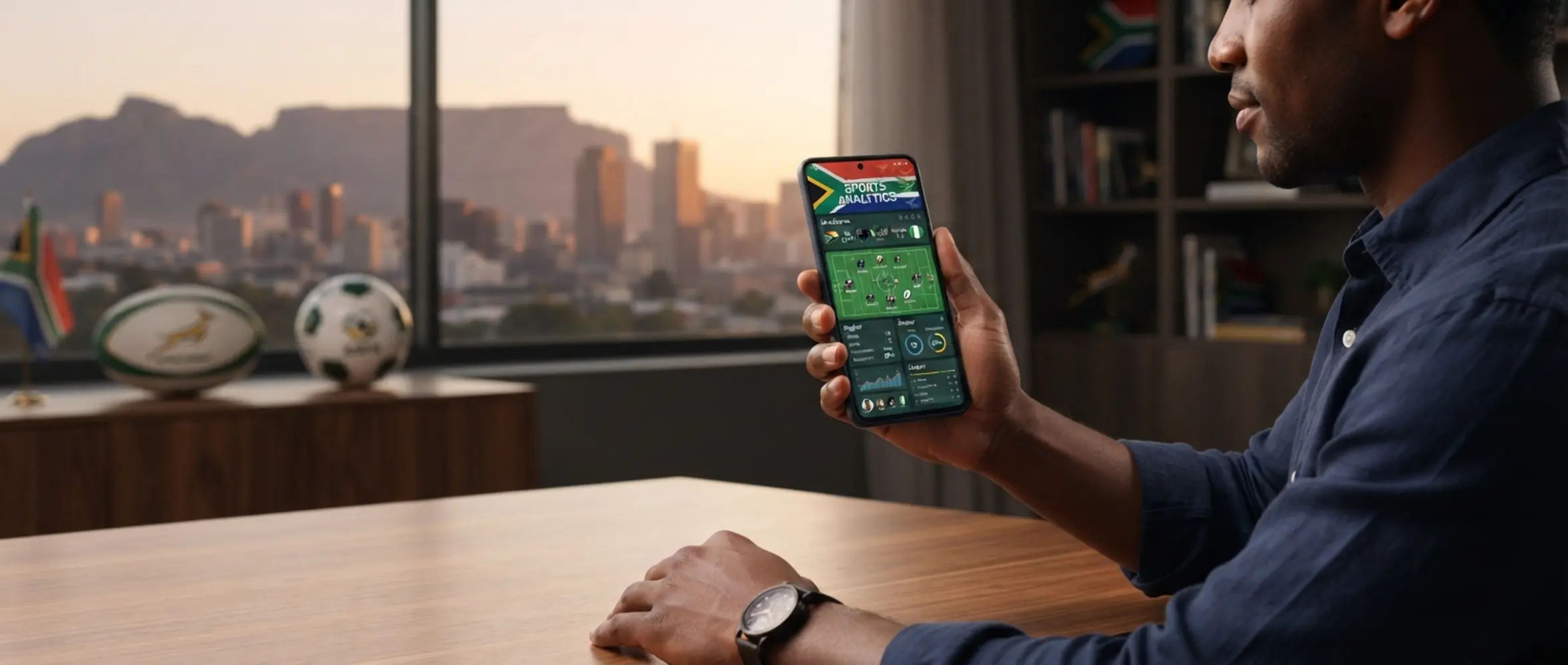Android phone user with mobile app screen in a South African sports-themed setting