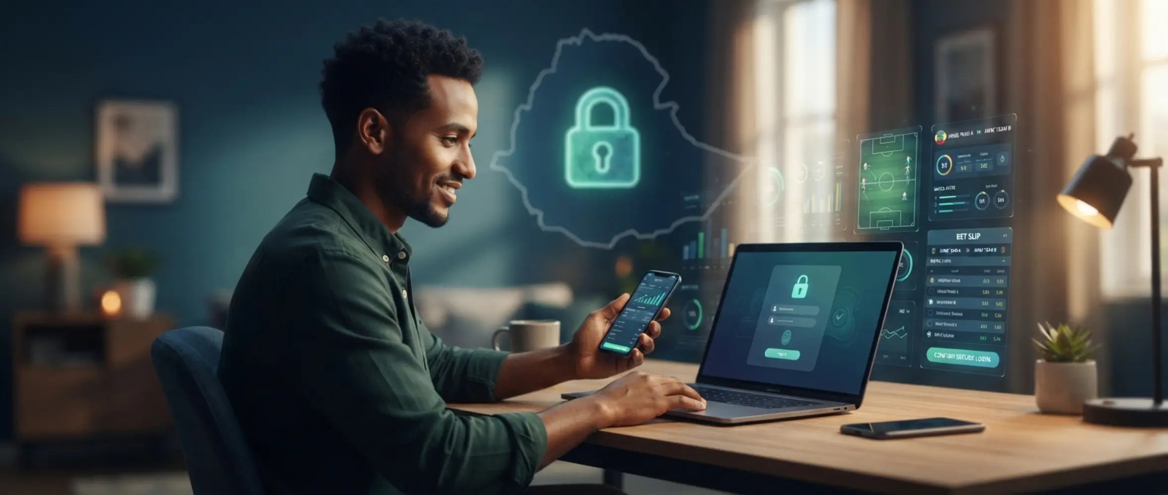 Secure Betx ET login banner for users in Ethiopia with laptop, smartphone and lock icon