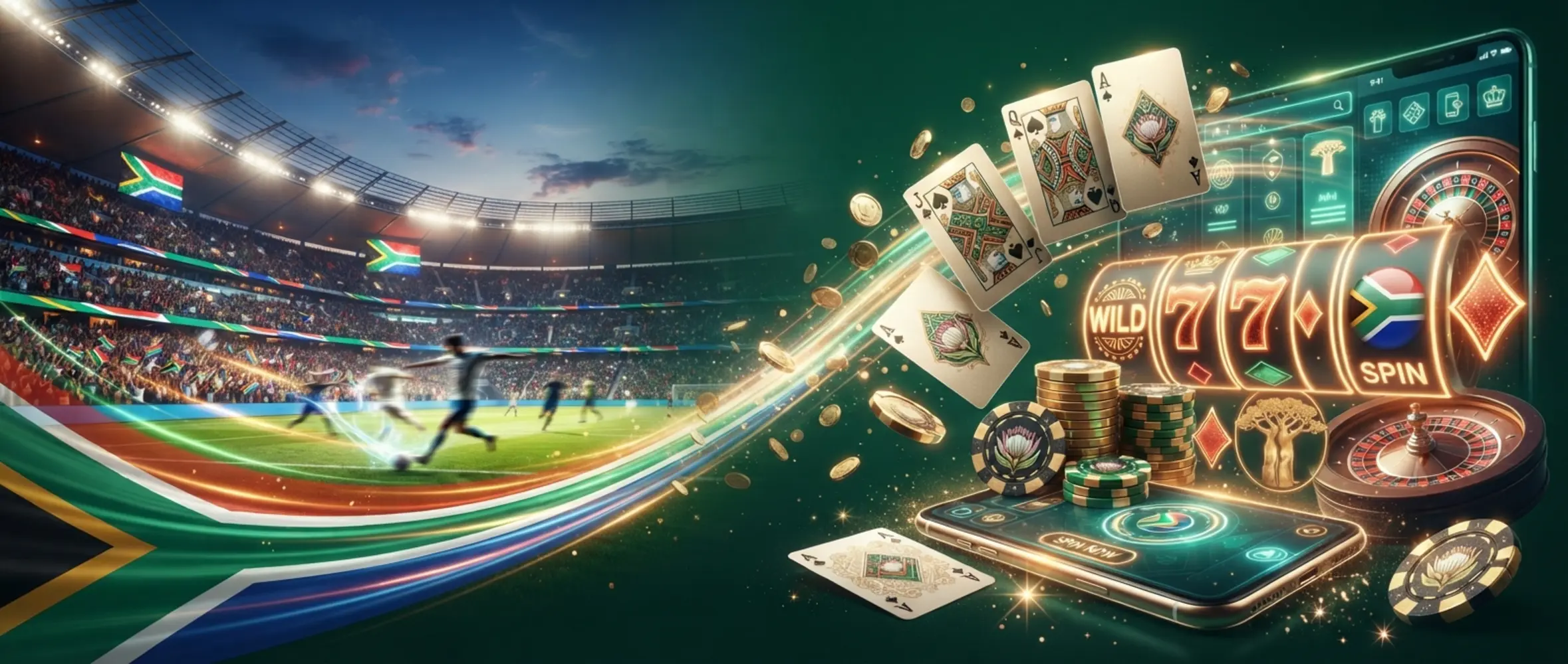 South African themed promo banner with football and gaming elements