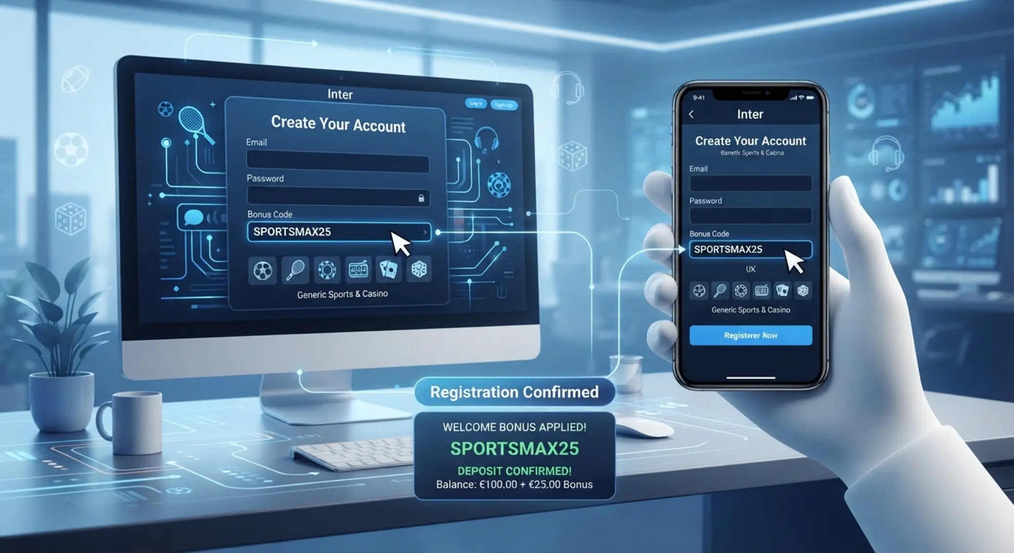 Desktop and mobile screens showing where to enter a bonus code