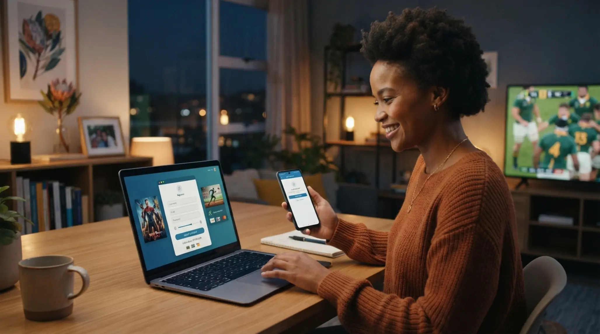 South African user accessing a digital entertainment platform on laptop and phone