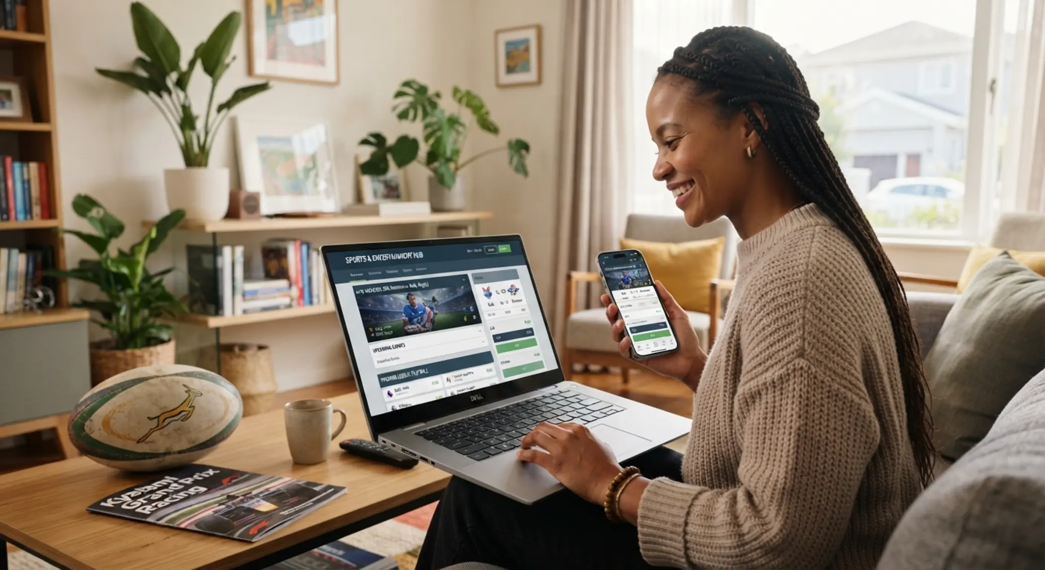 South African punter exploring a betting platform on laptop and phone