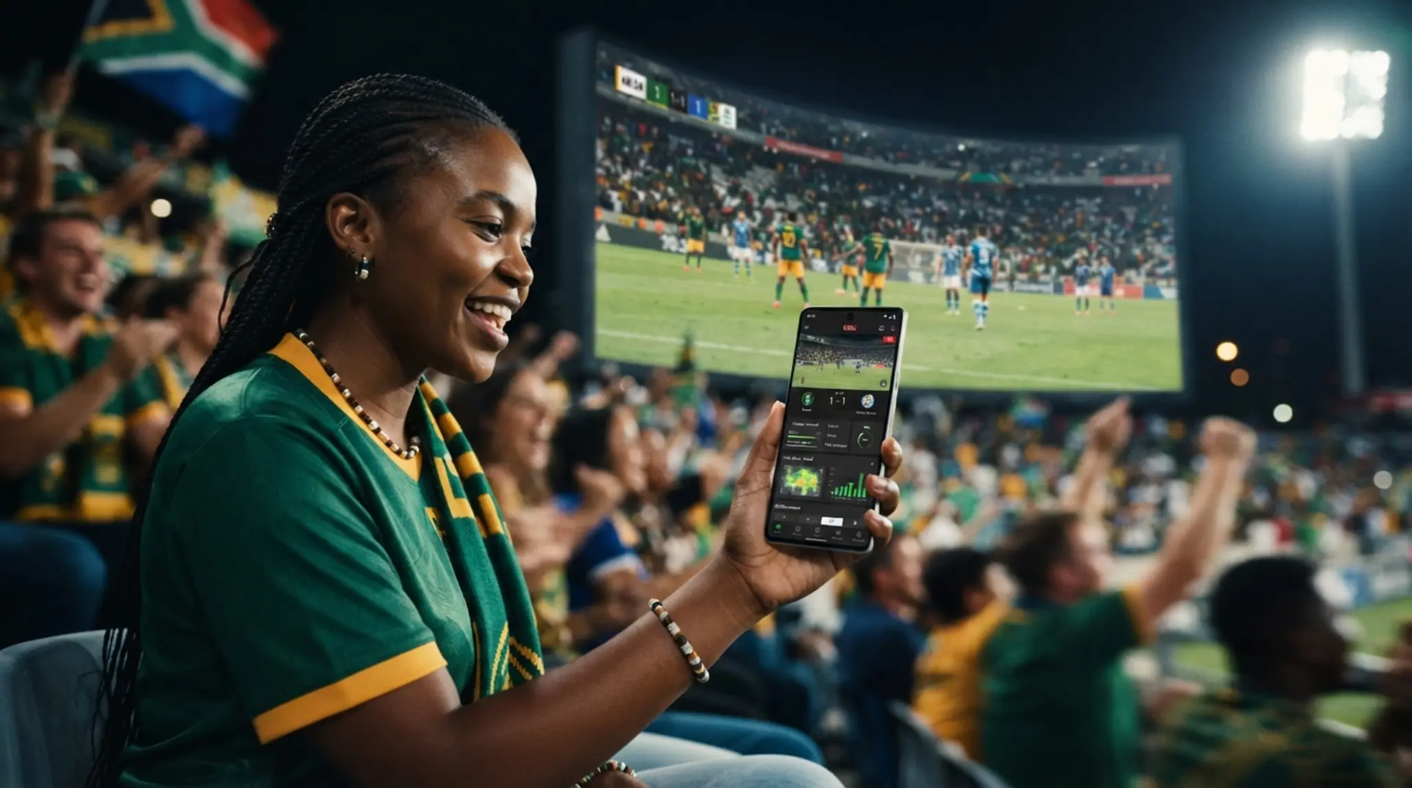 South African fan following a live football match on mobile with real-time sports data