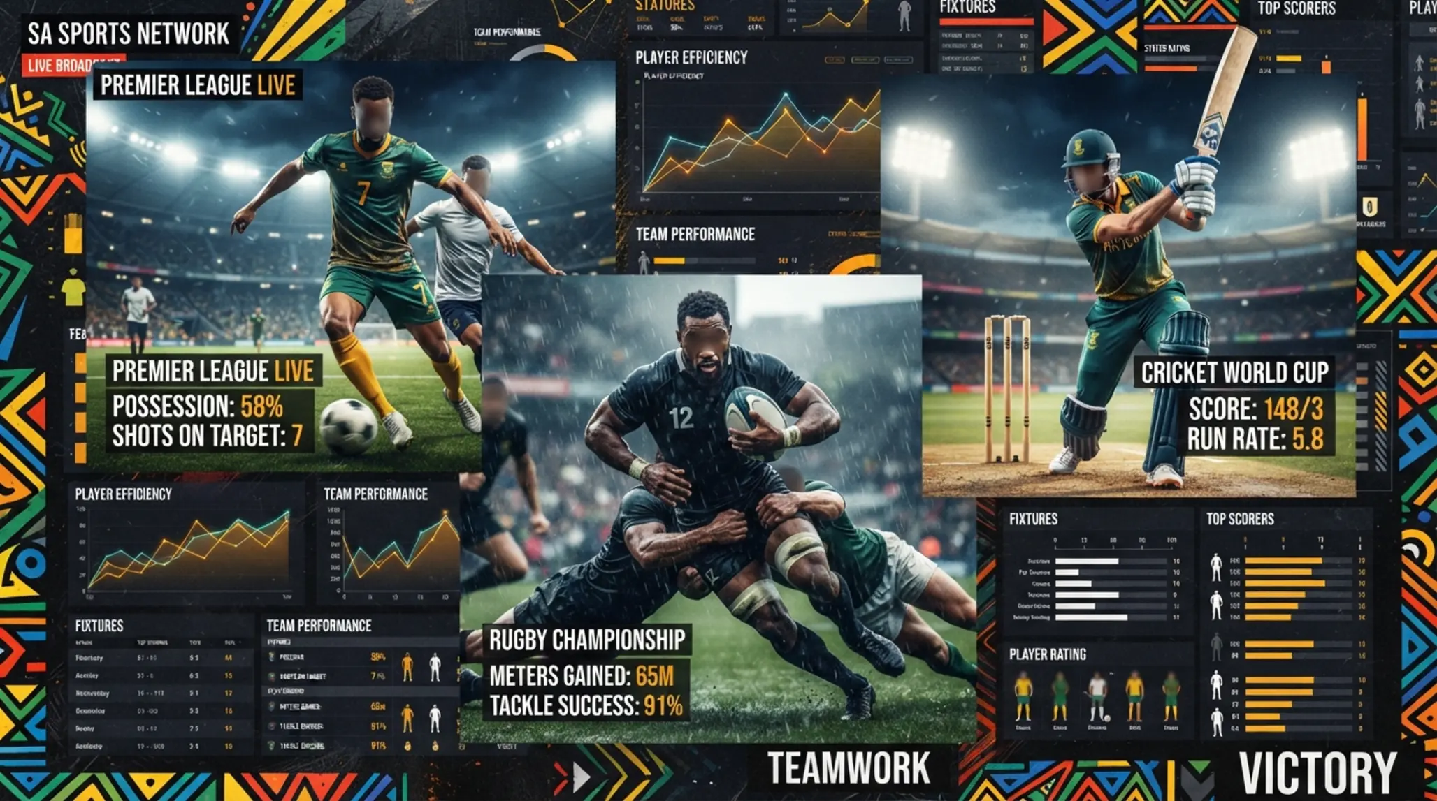 Soccer rugby and cricket collage with real-time match data overlays