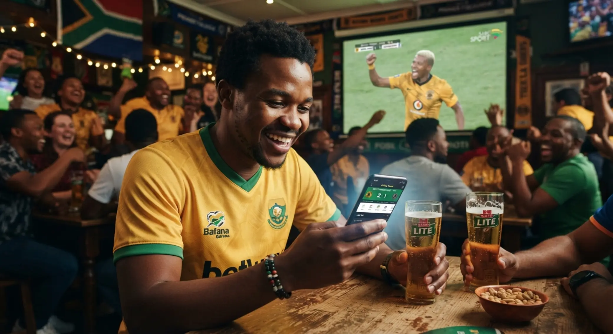 South African user placing a live sports selection on smartphone while watching a match