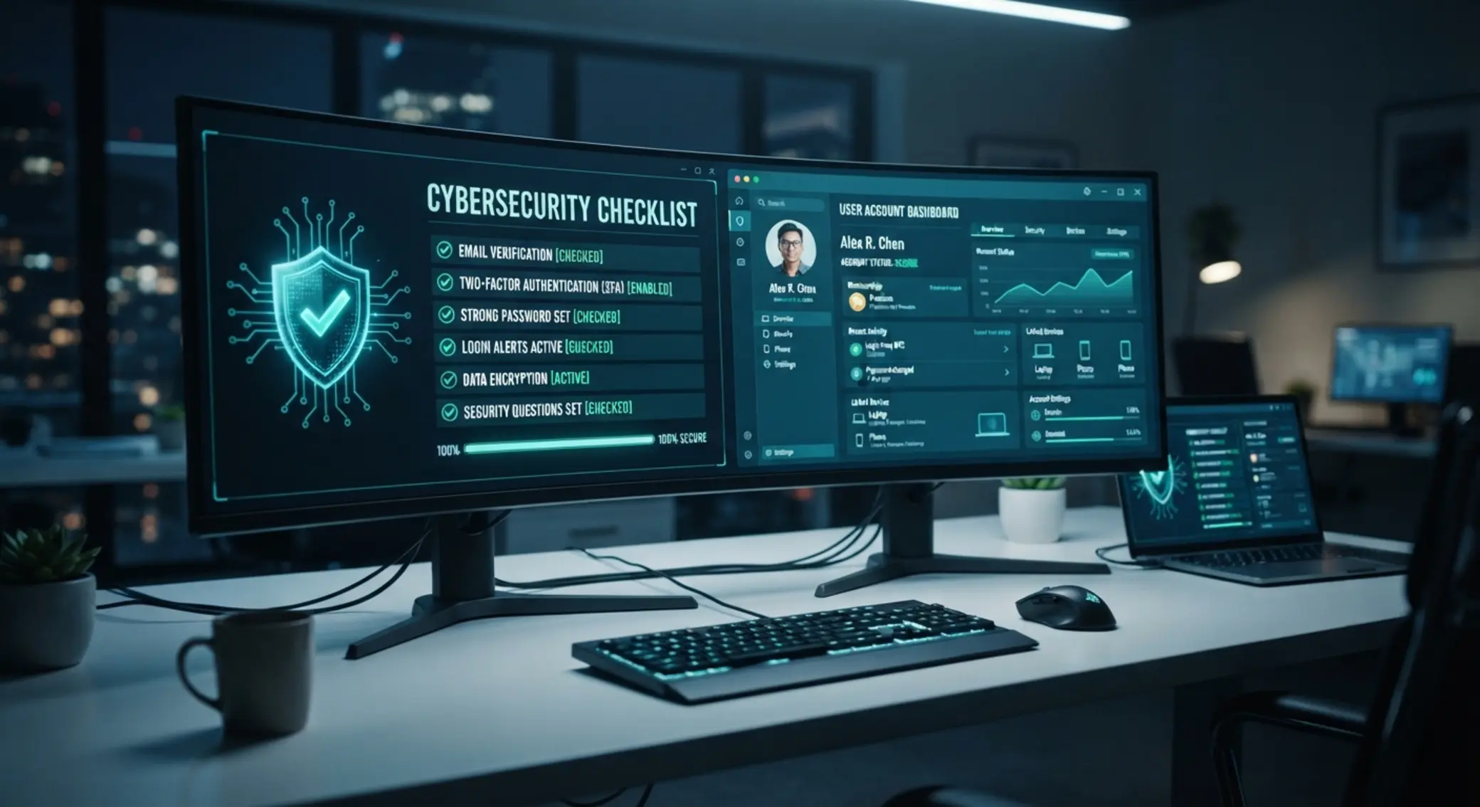 Security checklist and shield next to online account dashboard