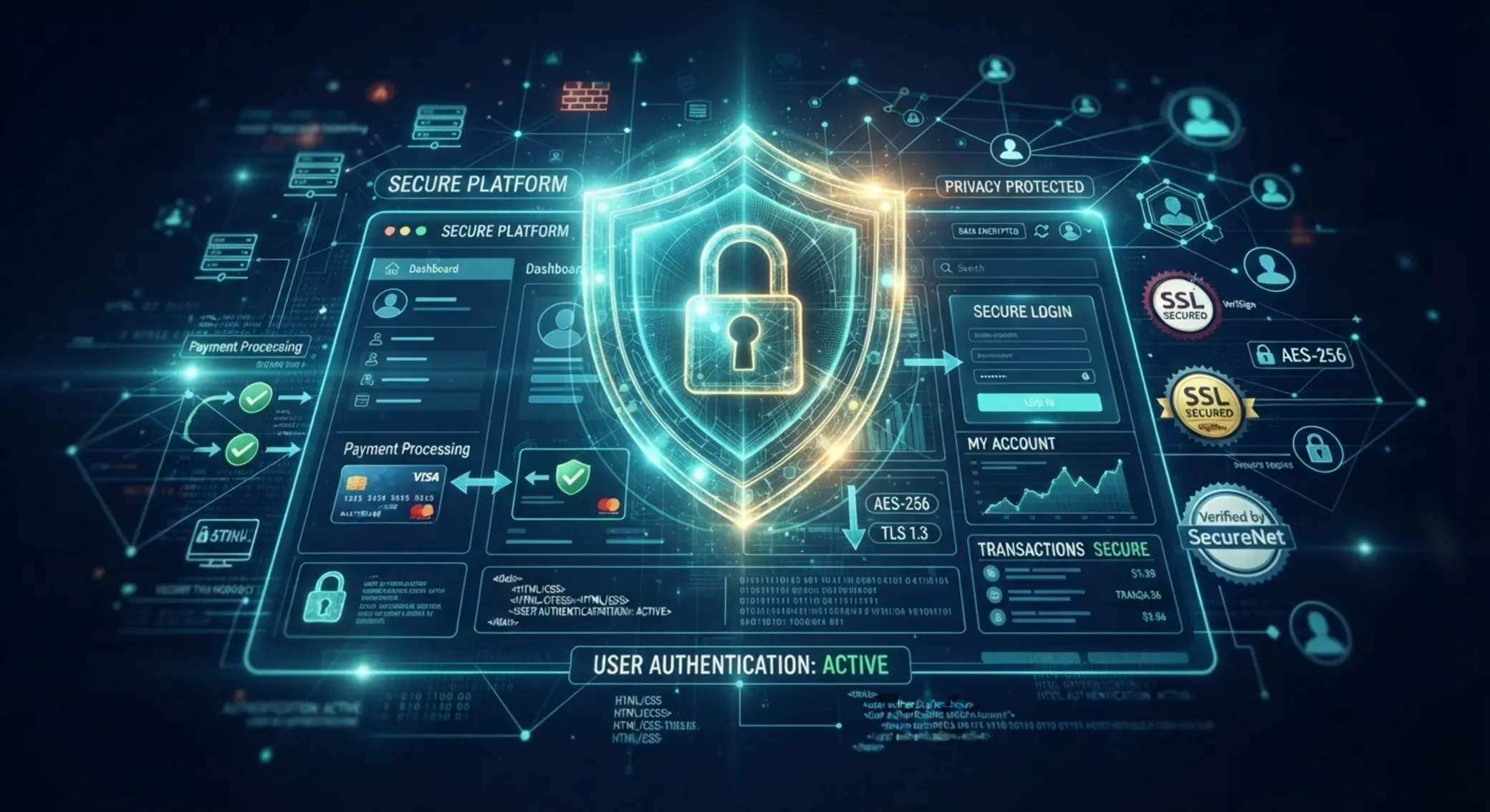 Digital shield and lock over interface showing secure data protection
