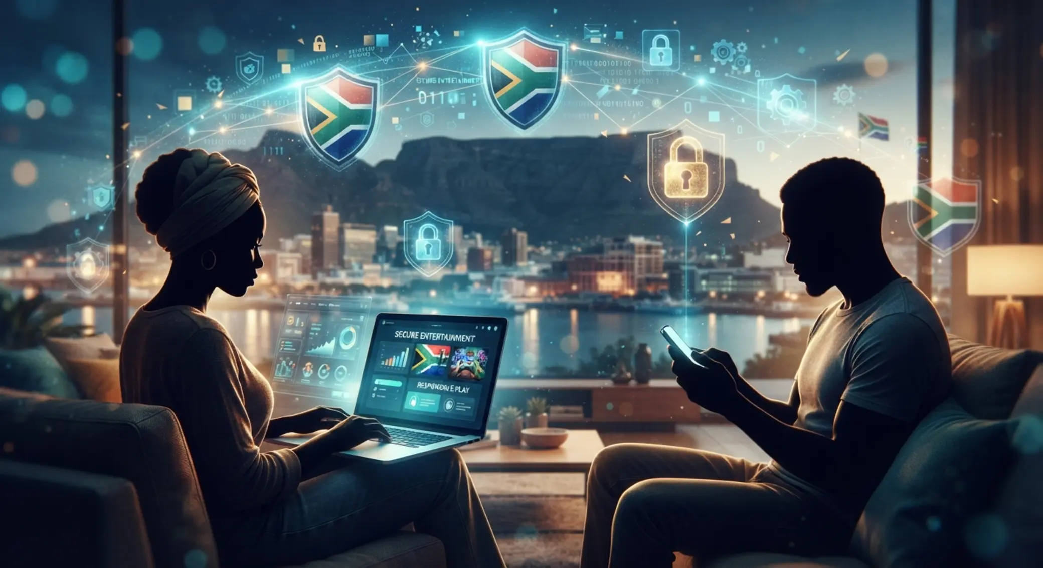 Users on laptop and phone with lock and shield icons showing online data protection