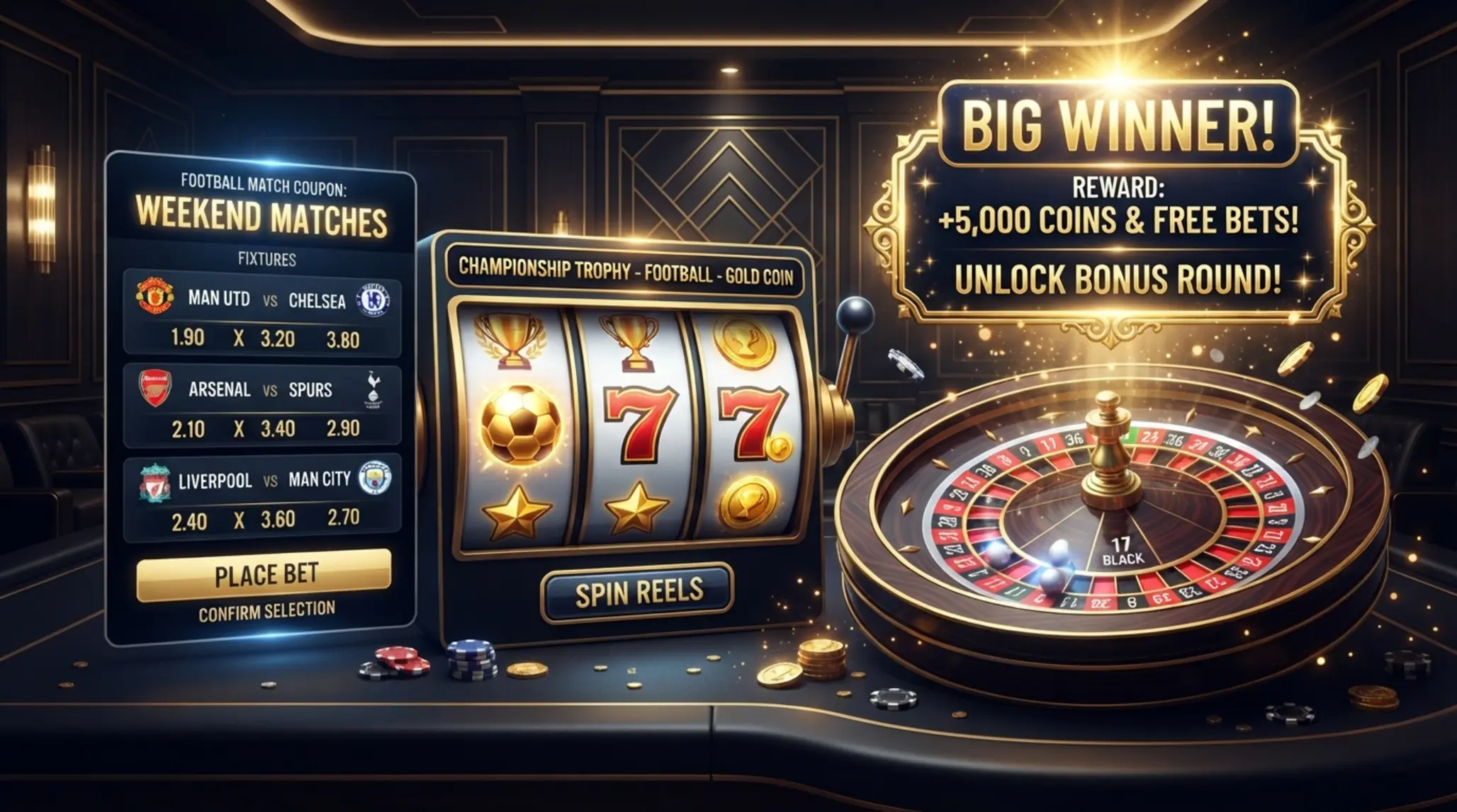 Bonuses Overview for BetXchange Offers Sports and casino bonus overview collage with betting slip and slot reel