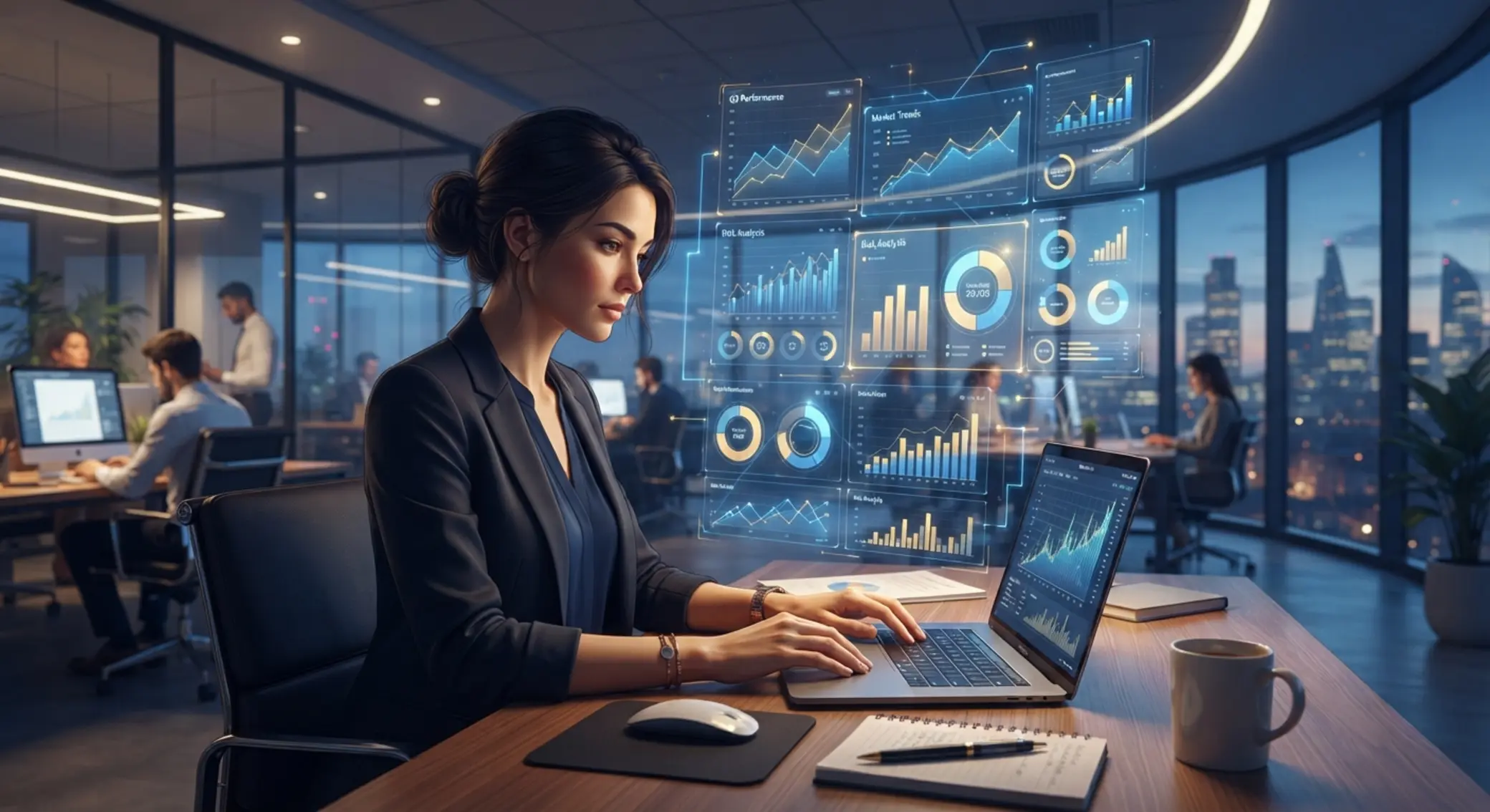 Promo Analyst Research Visual Fictional analyst reviewing bonus data on a laptop with charts