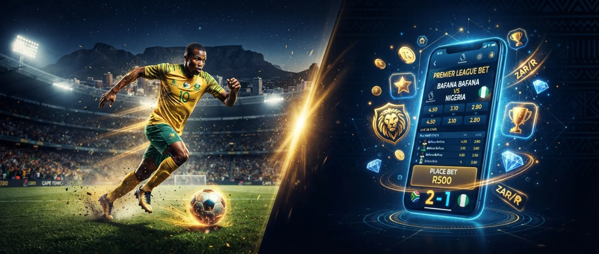 Hero banner with football and digital gaming visuals for a South African promo page