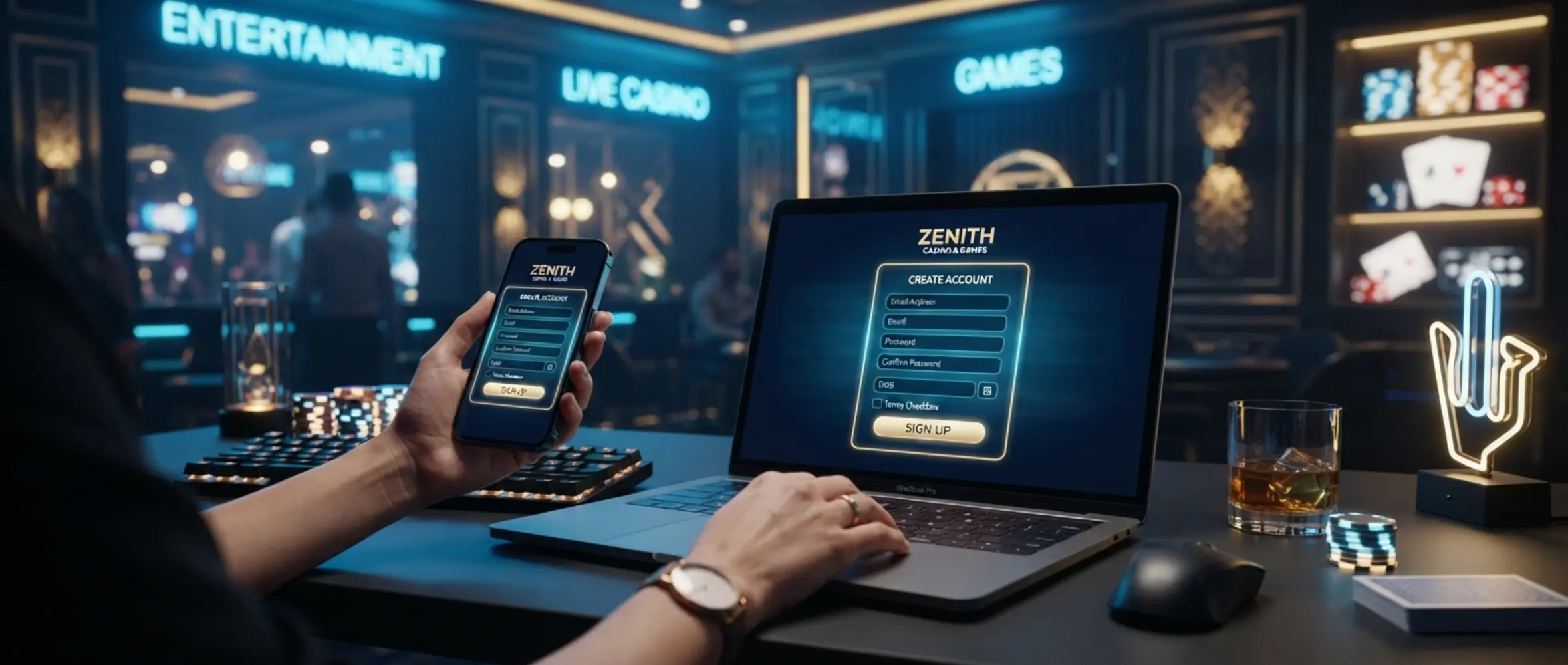 User registering on BetXchange on laptop and phone with entertainment-themed background