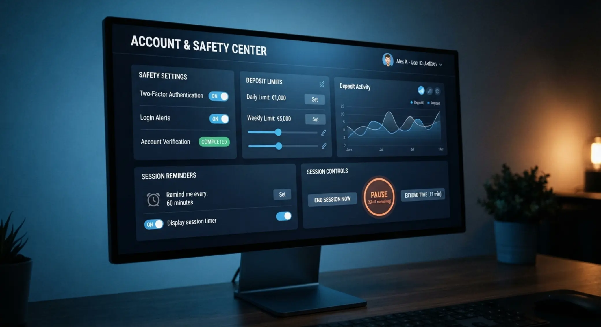 BetX account control settings Account settings screen with personal limit tools