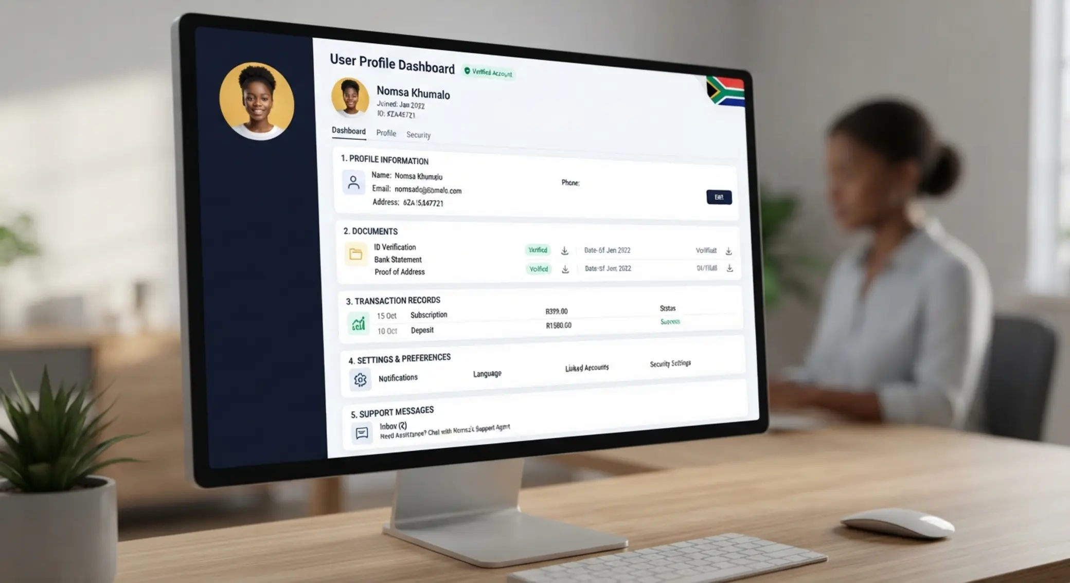 Types of information customers can request Dashboard showing profile, documents, transactions and settings categories