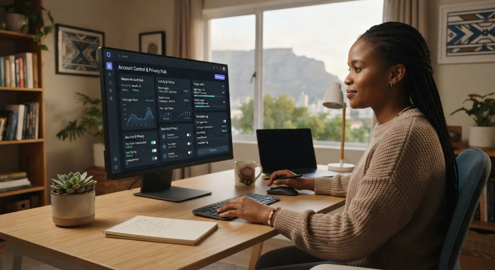 Privacy and responsible account control User reviewing account history and limits on a secure dashboard