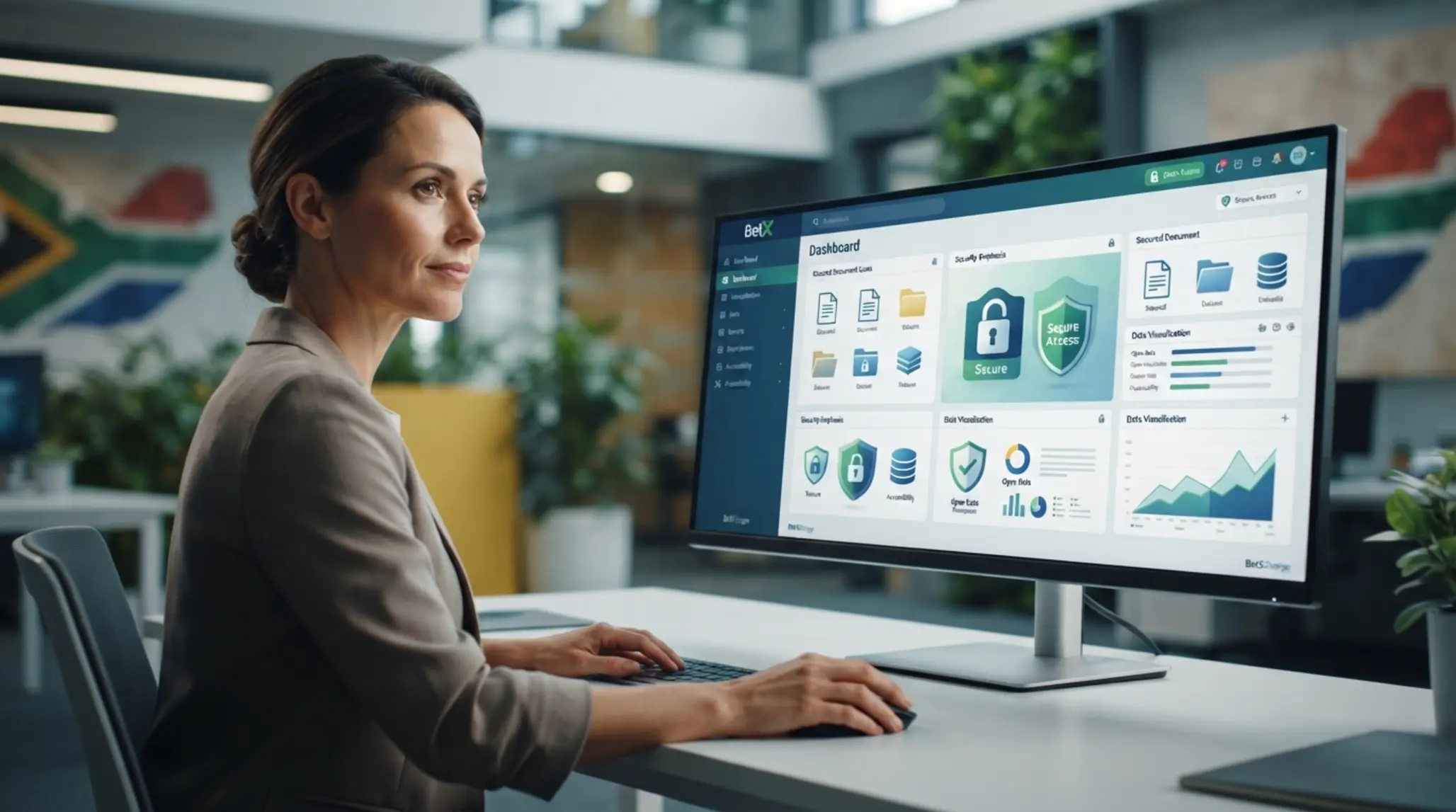 User viewing a secure transparency dashboard with documents and privacy icons
