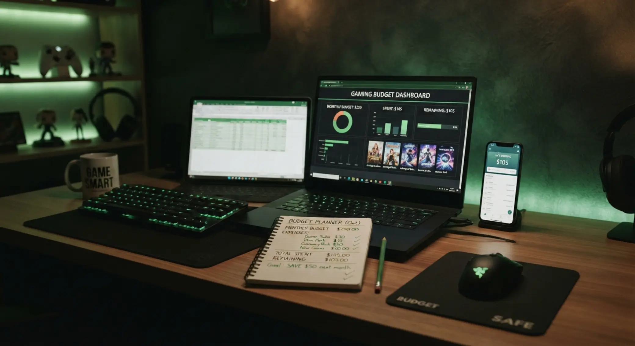 Responsible play concept with budget planning and mobile gaming setup
