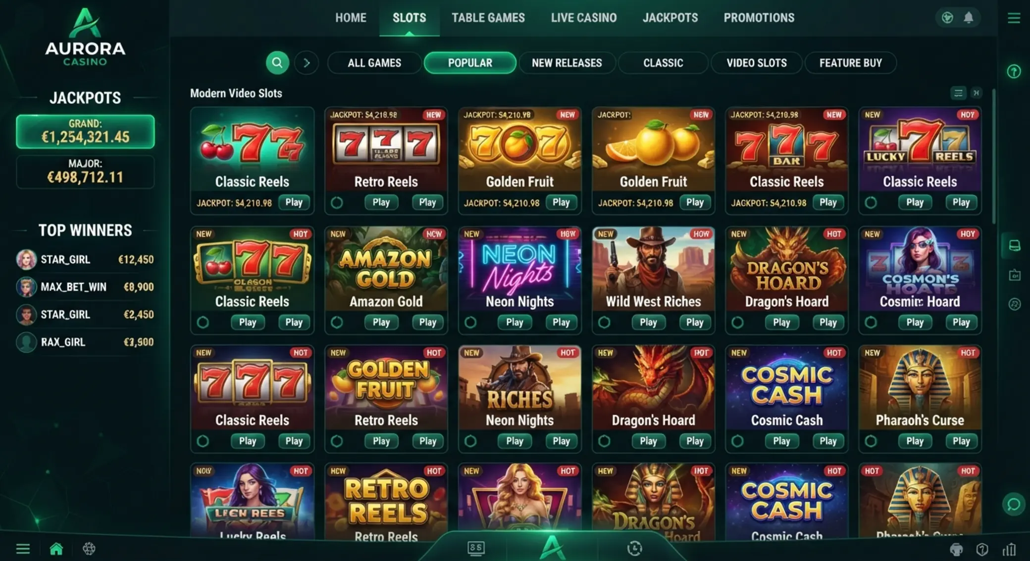 Slots lobby with classic and video slot categories in a modern gaming interface