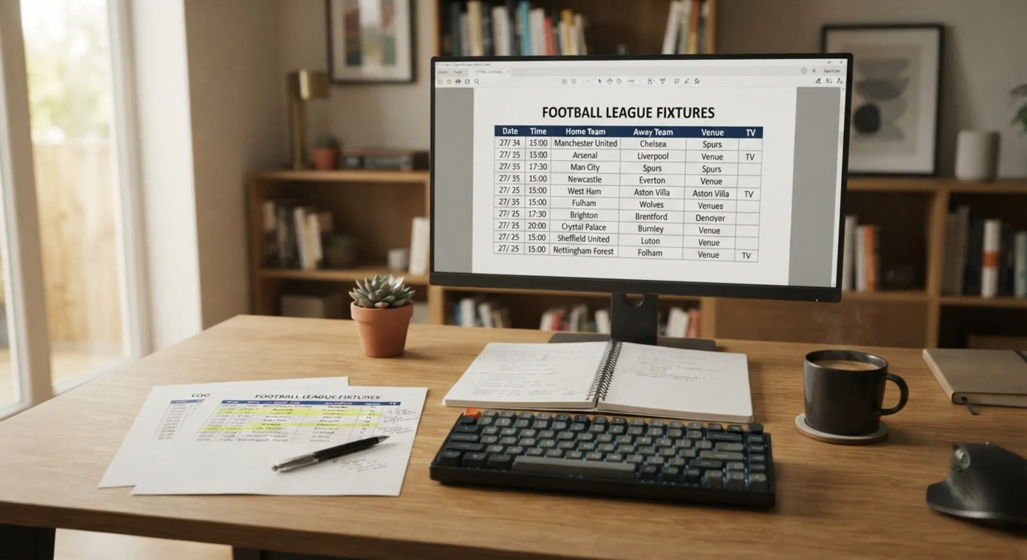Desktop monitor and printed soccer fixtures pages on a desk