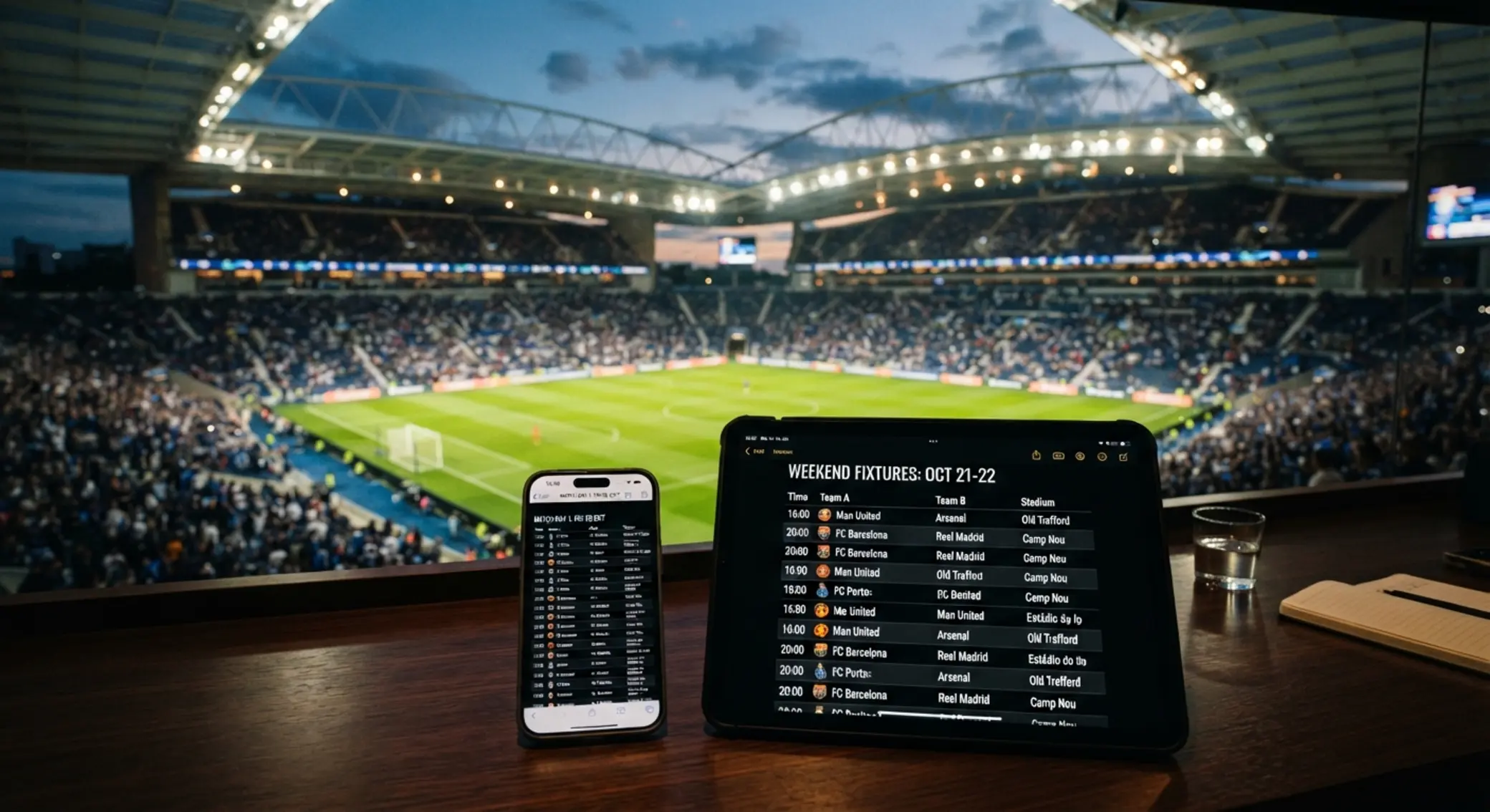Football stadium background with a device showing a soccer fixtures PDF