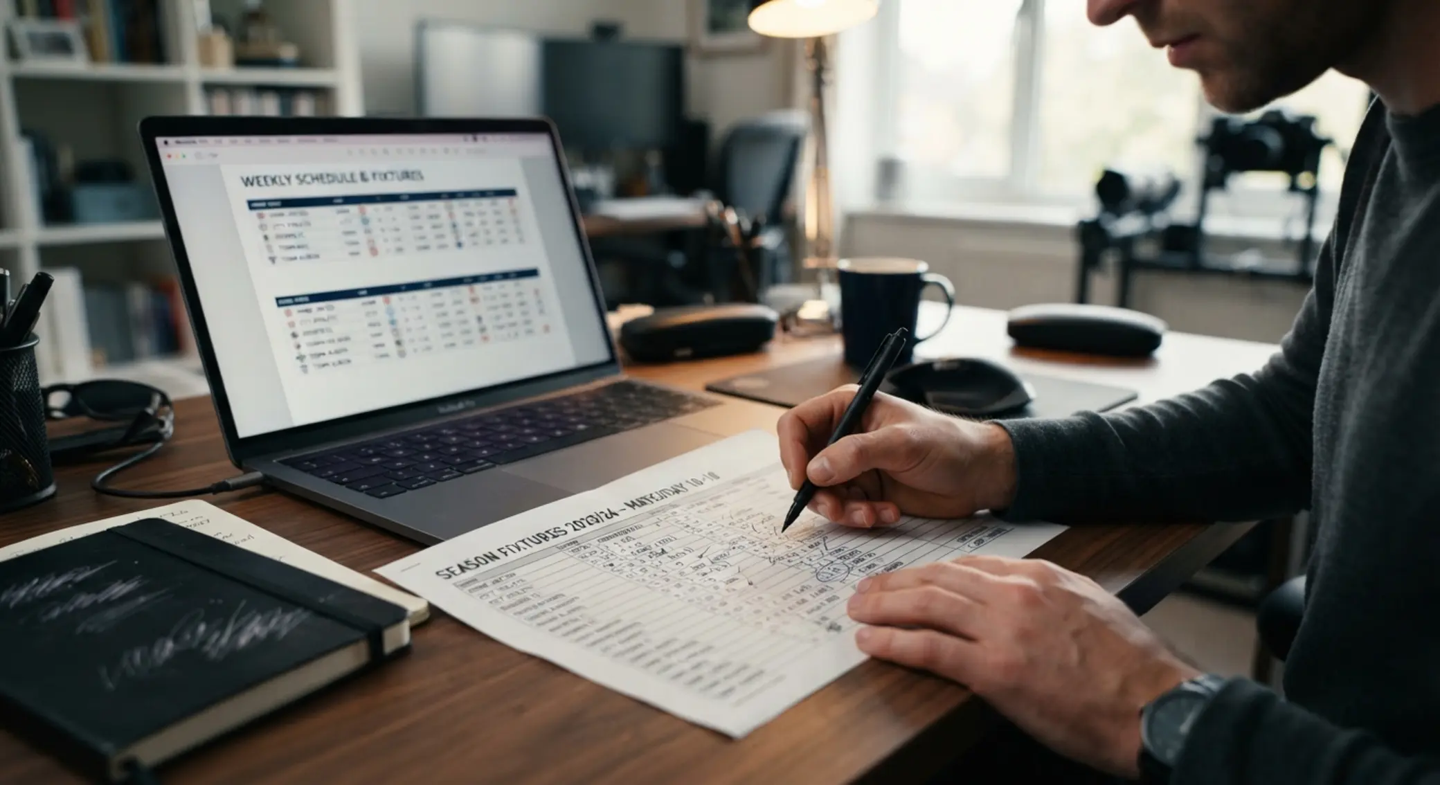 Hands taking notes next to printed soccer fixtures