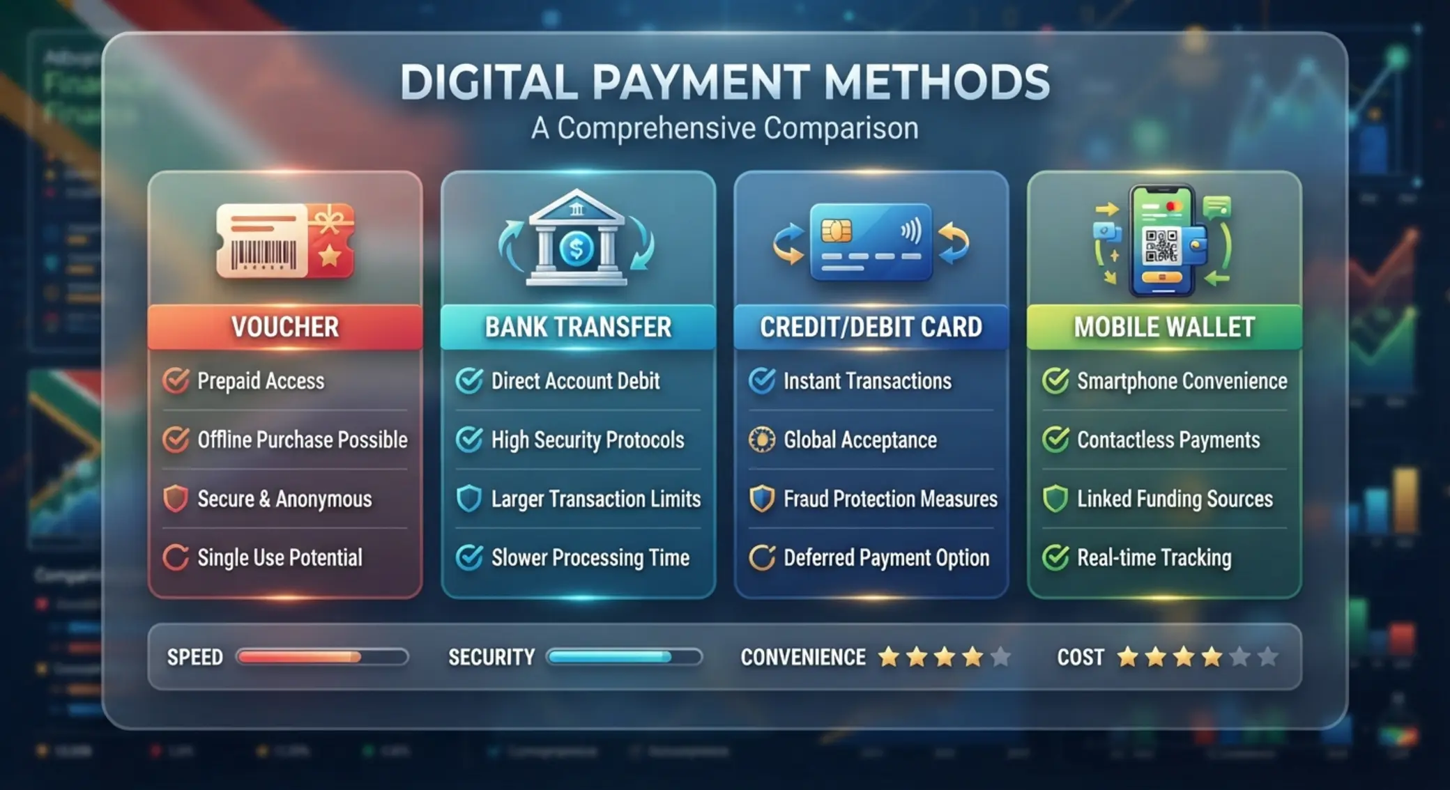 Comparison of voucher, card, bank transfer and mobile wallet deposit methods