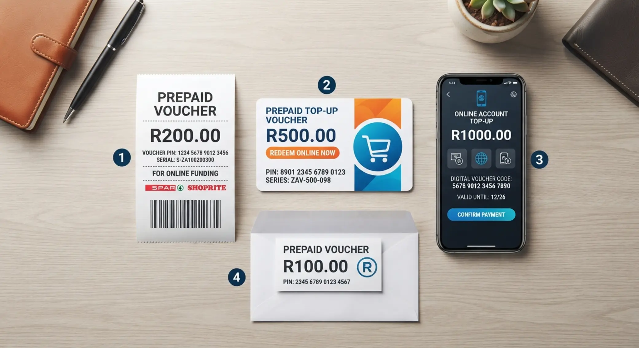 Different voucher types including paper receipt and digital code on phone