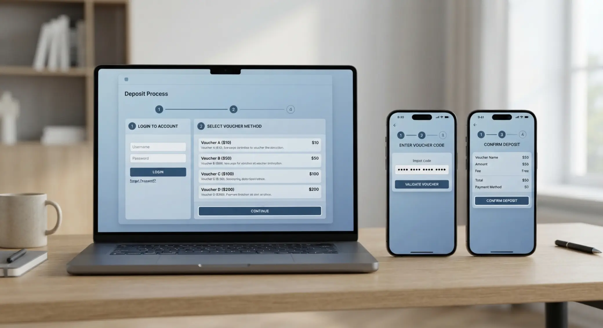 Step-by-step voucher deposit process on laptop and smartphone