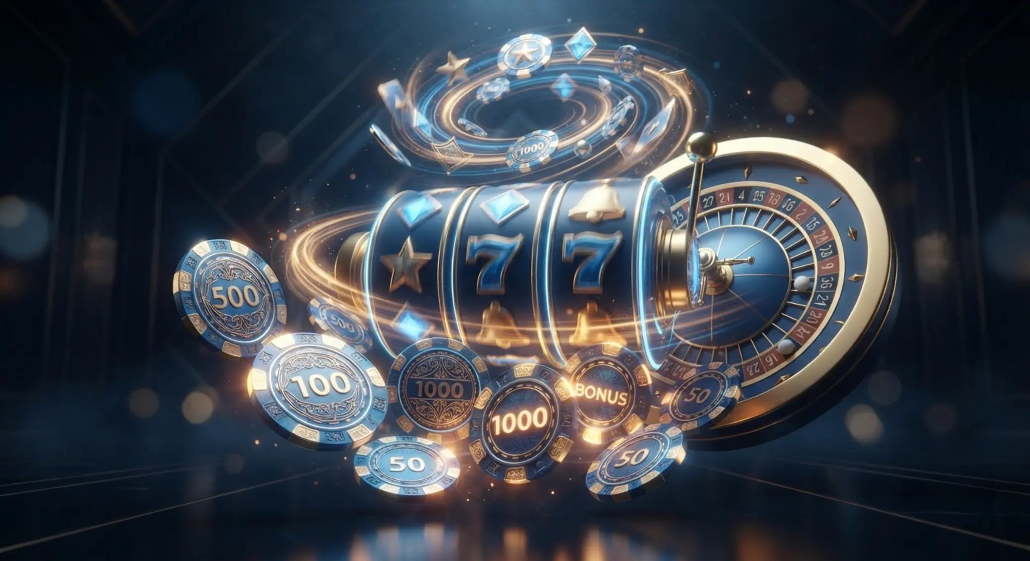 Casino Welcome Bonus Extras Free spins themed gaming illustration with reels and chips